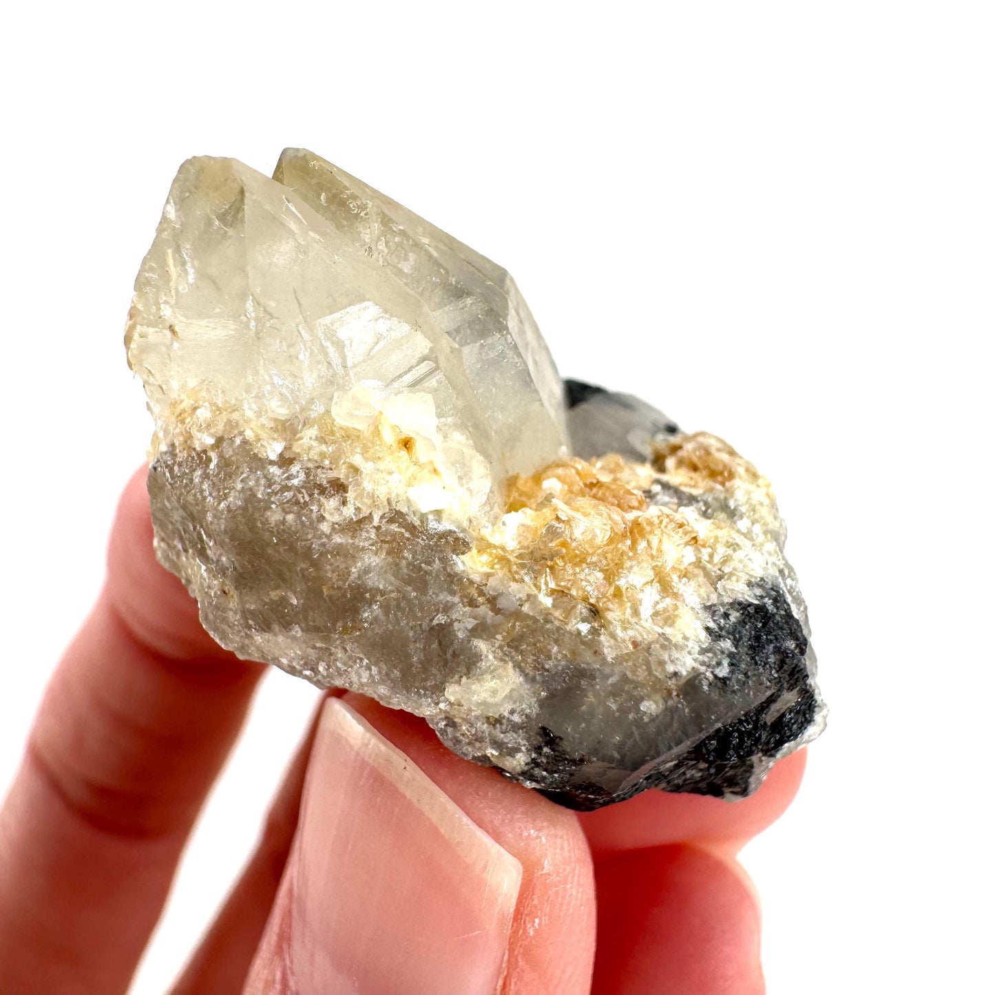 Black Tourmaline on Smoky Quartz | schorl crystal cluster, mineral specimen from Namibia