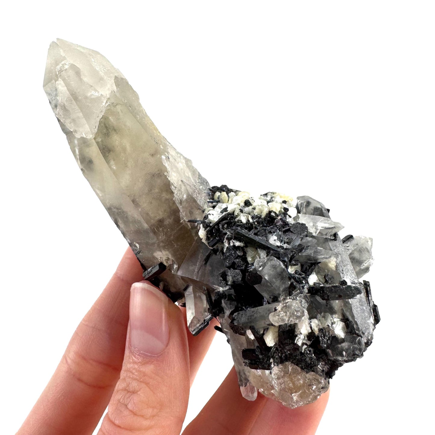 Black Tourmaline on Smoky Quartz | schorl crystal cluster, mineral specimen from Namibia