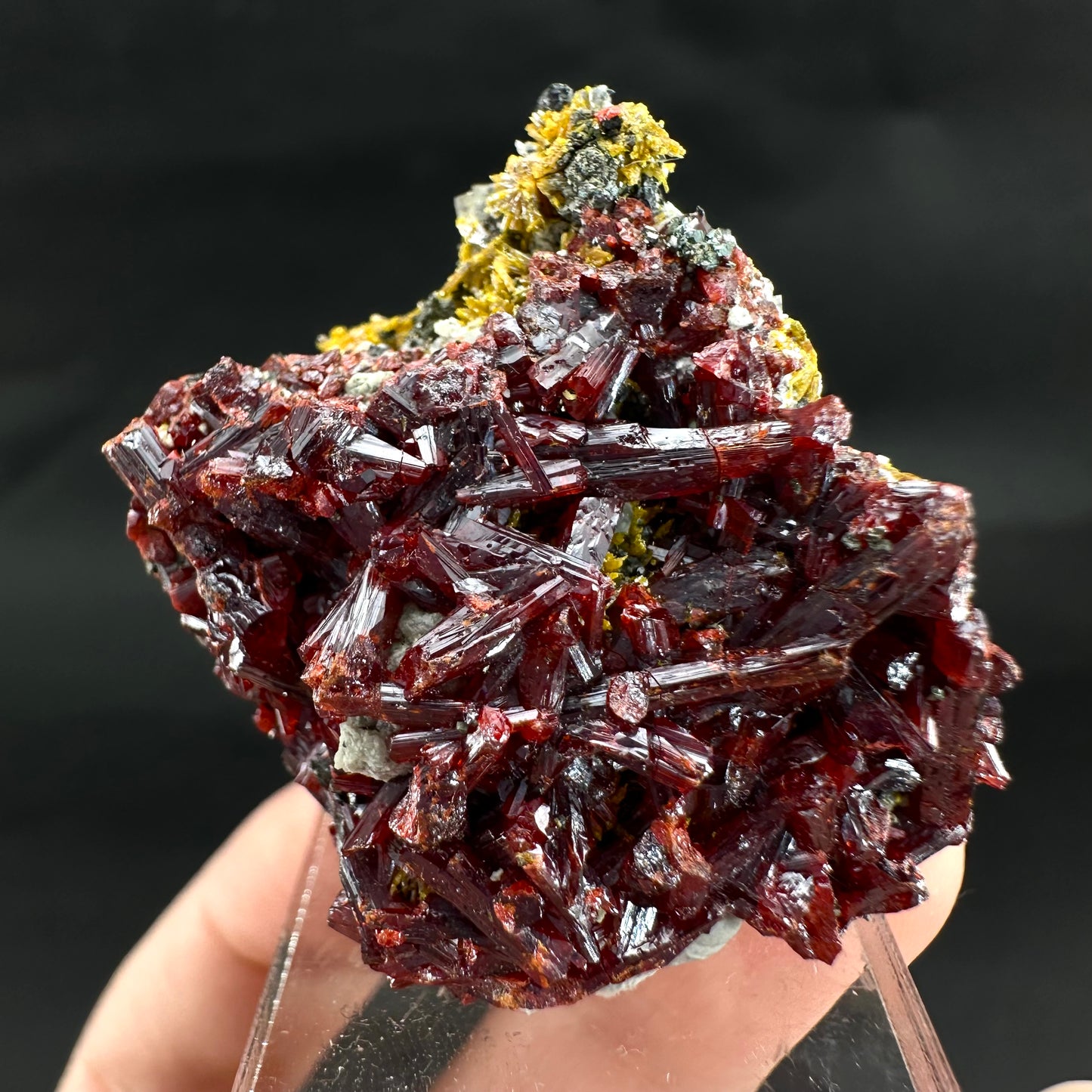 Realgar w/ Orpiment (Peru), realgar specimen, orpiment crystal, realgar crystal, mineral specimen