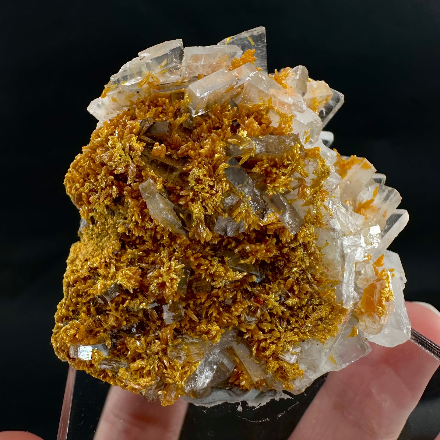 Orpiment on Barite w/ Realgar (Peru), Orpiment specimen, mineral specimen