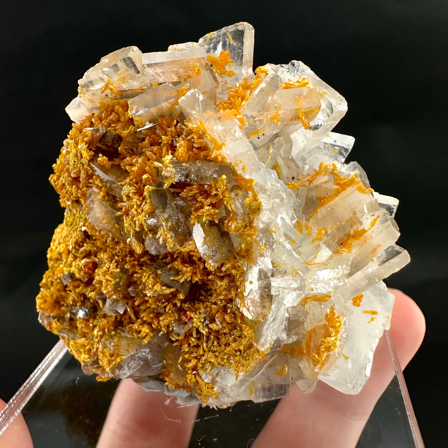 Orpiment on Barite w/ Realgar (Peru), Orpiment specimen, mineral specimen
