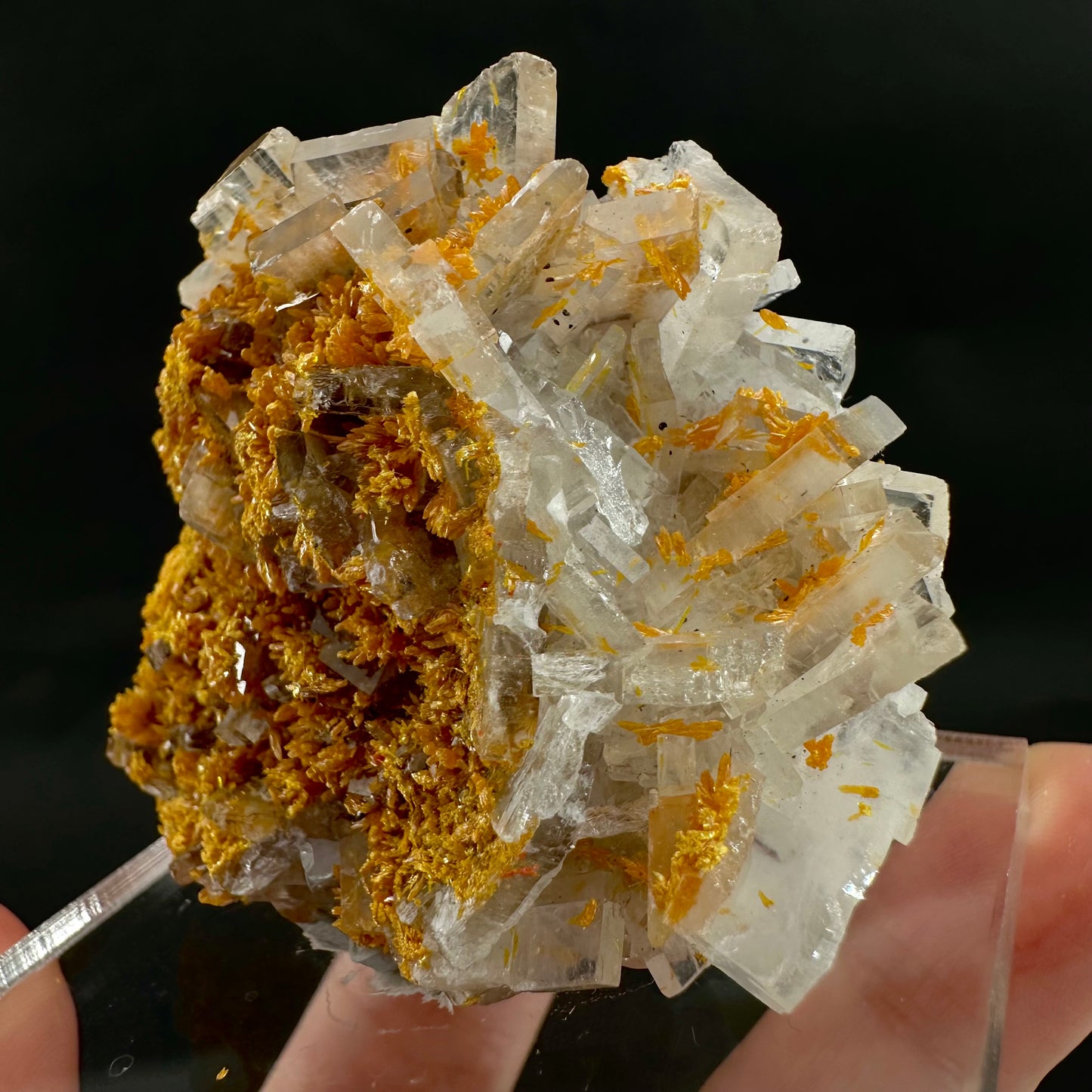 Orpiment on Barite w/ Realgar (Peru), Orpiment specimen, mineral specimen