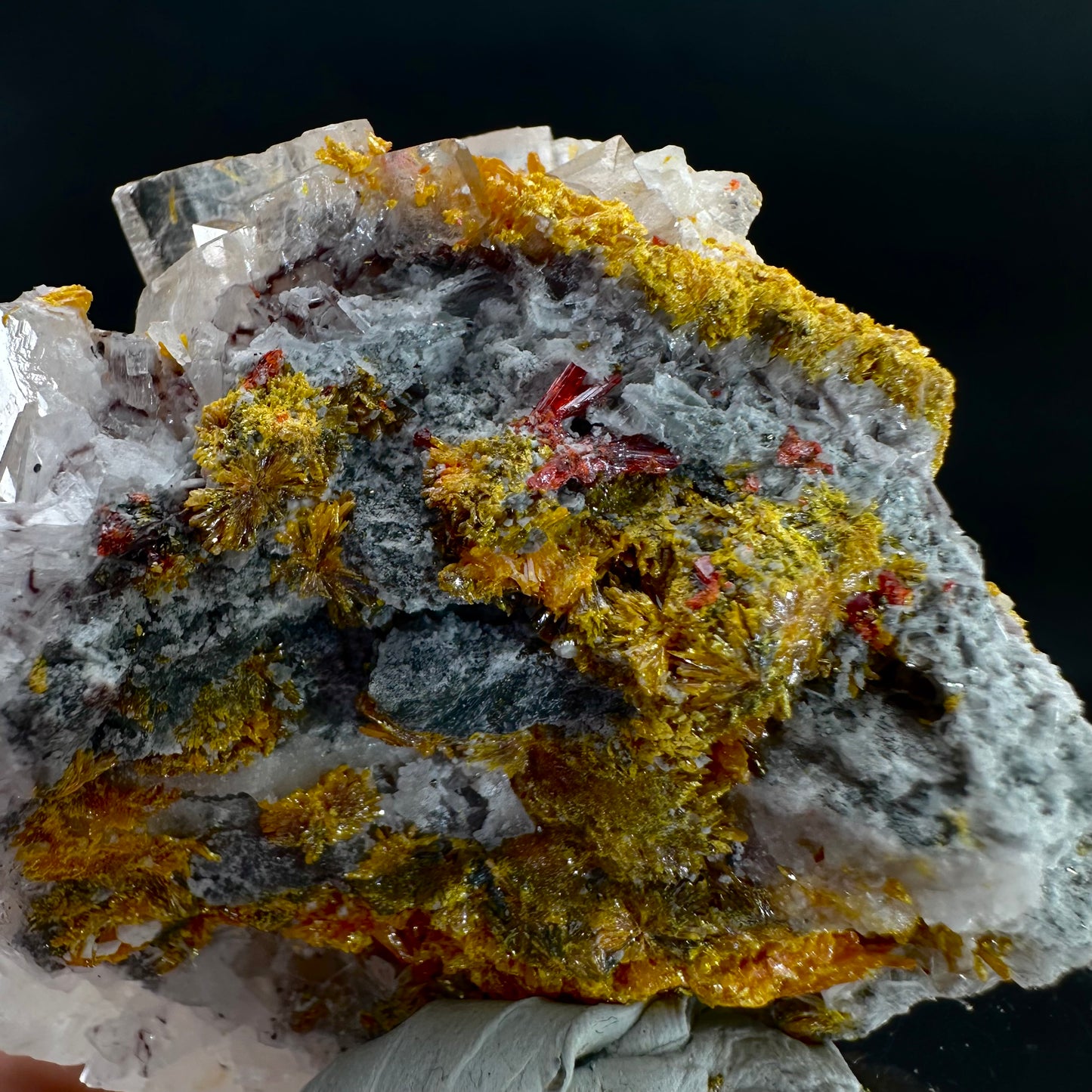 Orpiment on Barite w/ Realgar (Peru), Orpiment specimen, mineral specimen