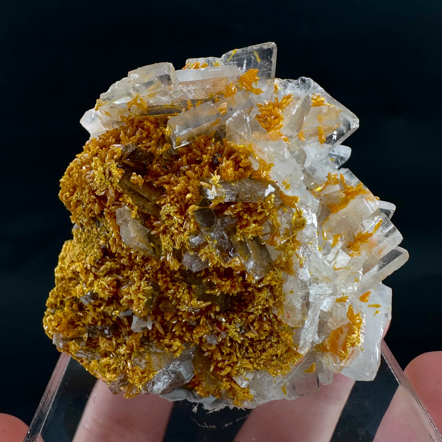 Orpiment on Barite w/ Realgar (Peru), Orpiment specimen, mineral specimen