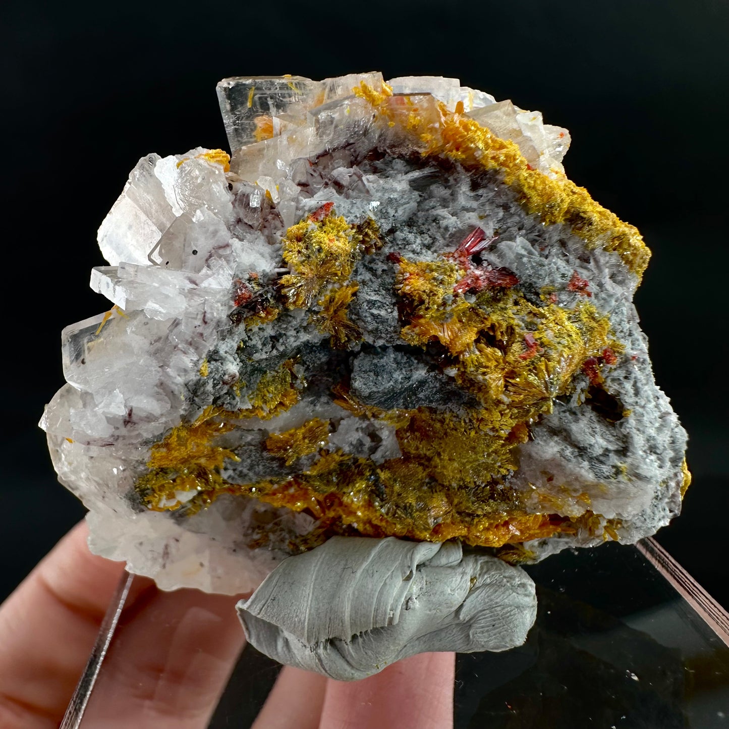 Orpiment on Barite w/ Realgar (Peru), Orpiment specimen, mineral specimen