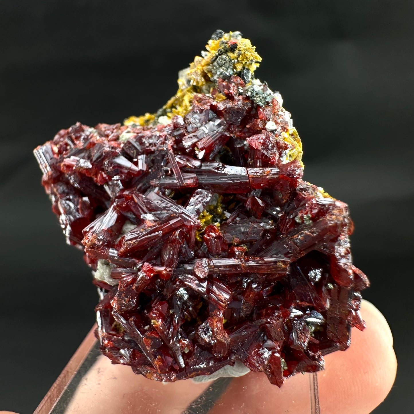 Realgar w/ Orpiment (Peru), realgar specimen, orpiment crystal, realgar crystal, mineral specimen