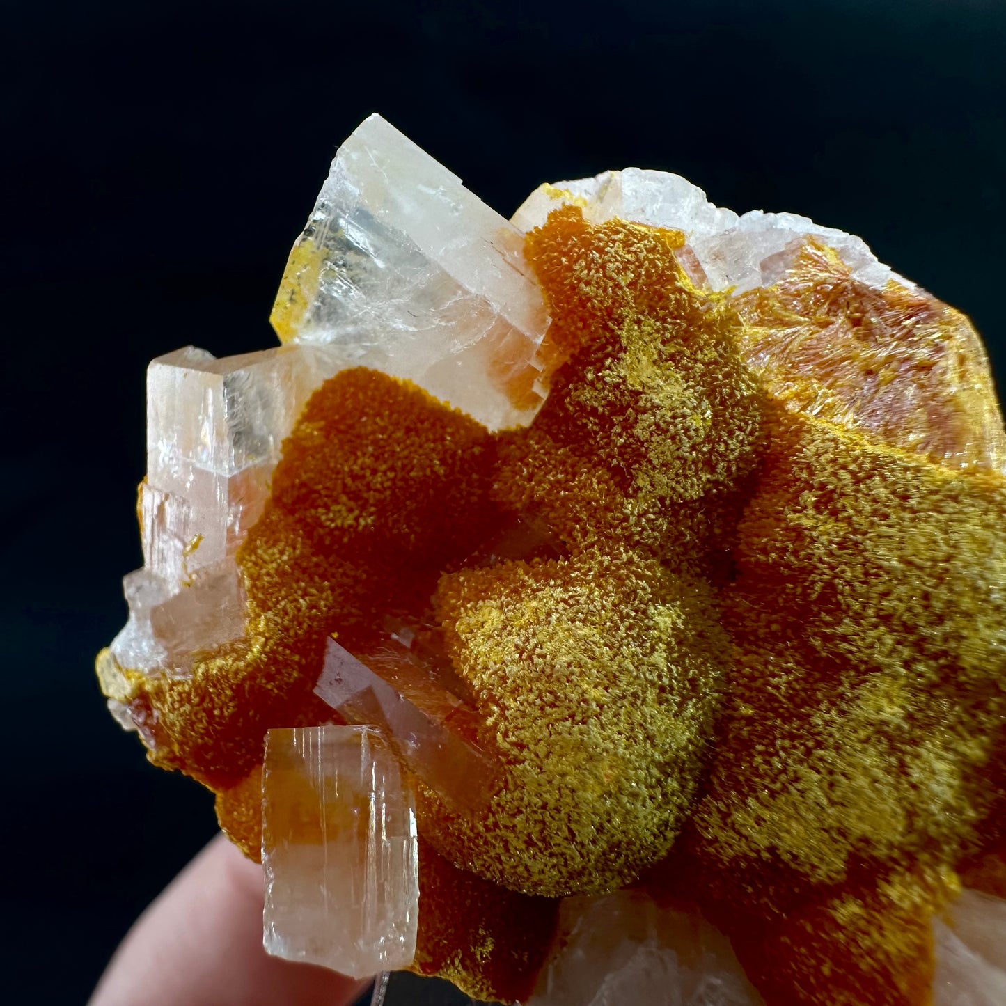 Barite on Orpiment (Peru), Orpiment specimen, mineral specimen