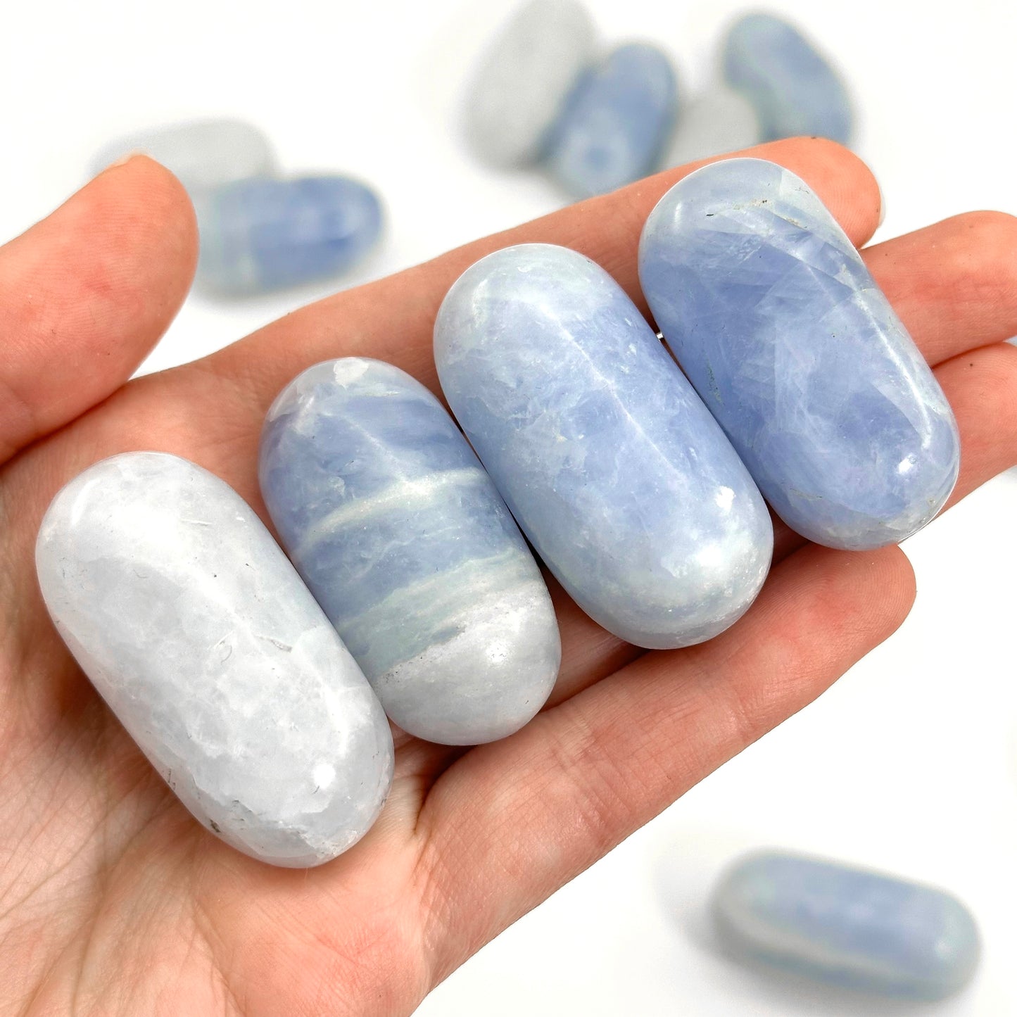 Blue Calcite Worry Stone | Polished Tumbled Crystal Lingam (Throat Chakra)