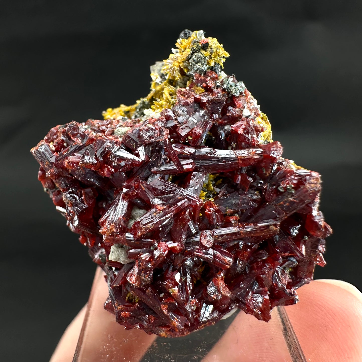 Realgar w/ Orpiment (Peru), realgar specimen, orpiment crystal, realgar crystal, mineral specimen