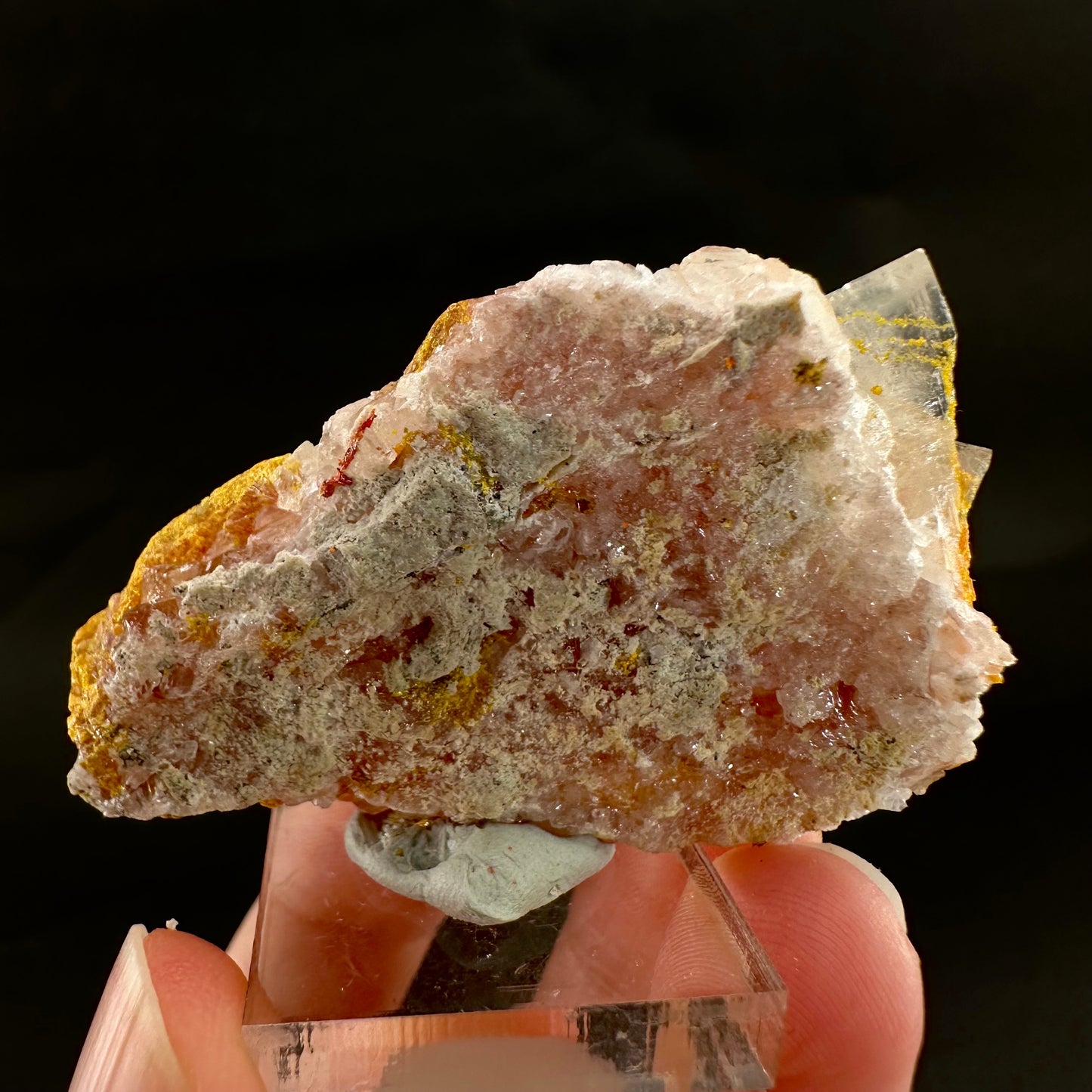Barite on Orpiment (Peru), Orpiment specimen, mineral specimen