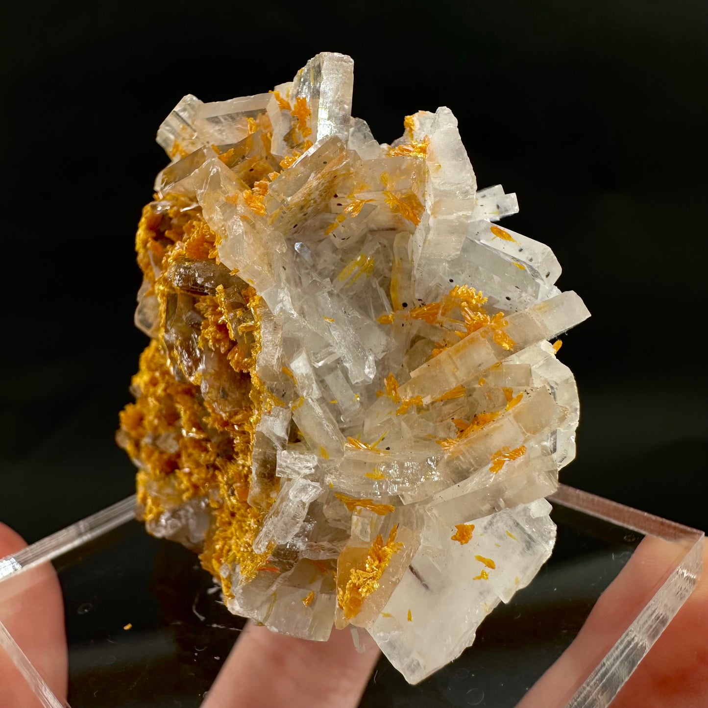 Orpiment on Barite w/ Realgar (Peru), Orpiment specimen, mineral specimen