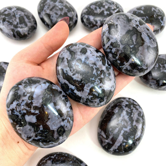 Indigo Gabbro Palm Stone | Polished Merlinite Crystal Worry Stone (Third Eye Chakra)