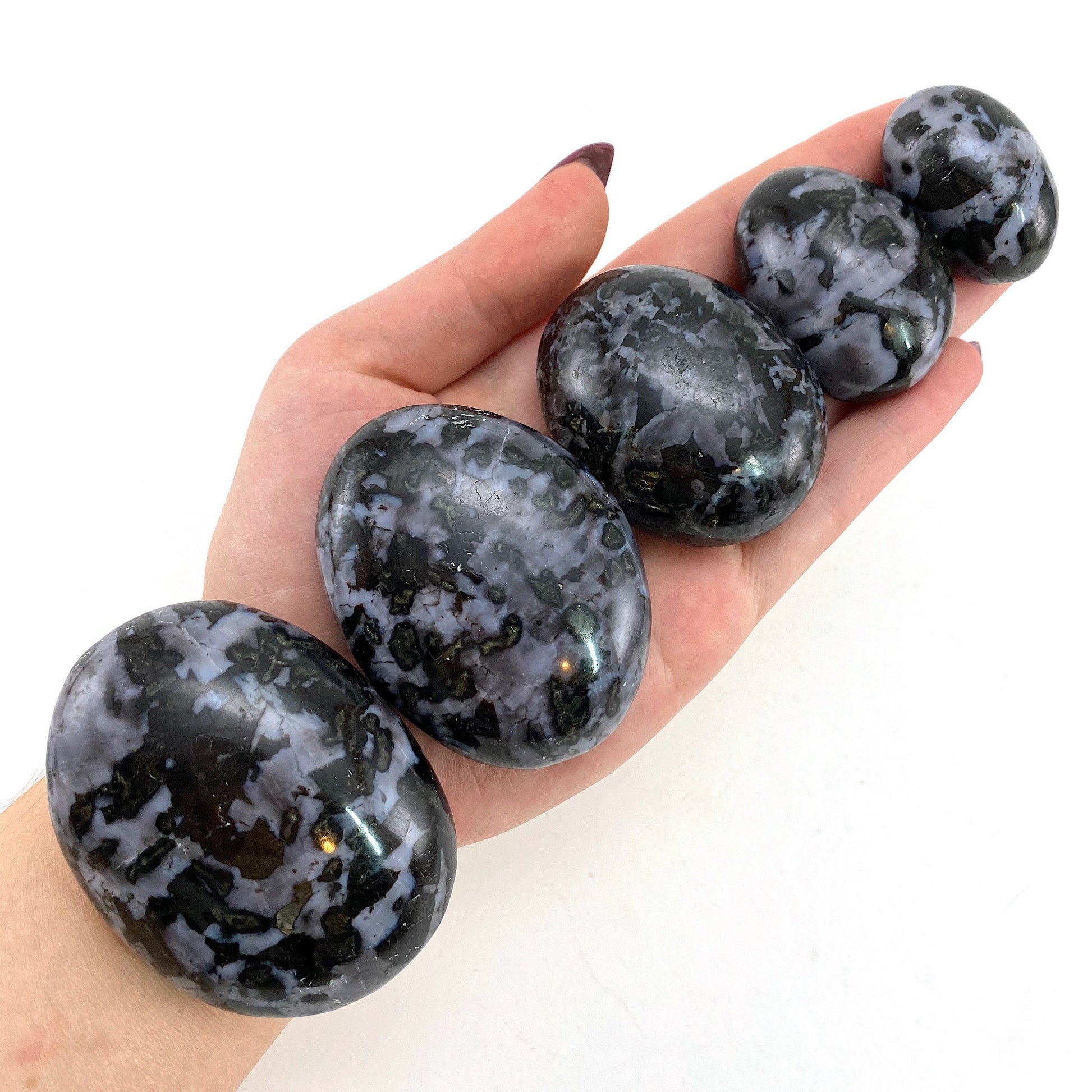 Indigo Gabbro Palm Stone | Polished Merlinite Crystal Worry Stone (Third Eye Chakra)