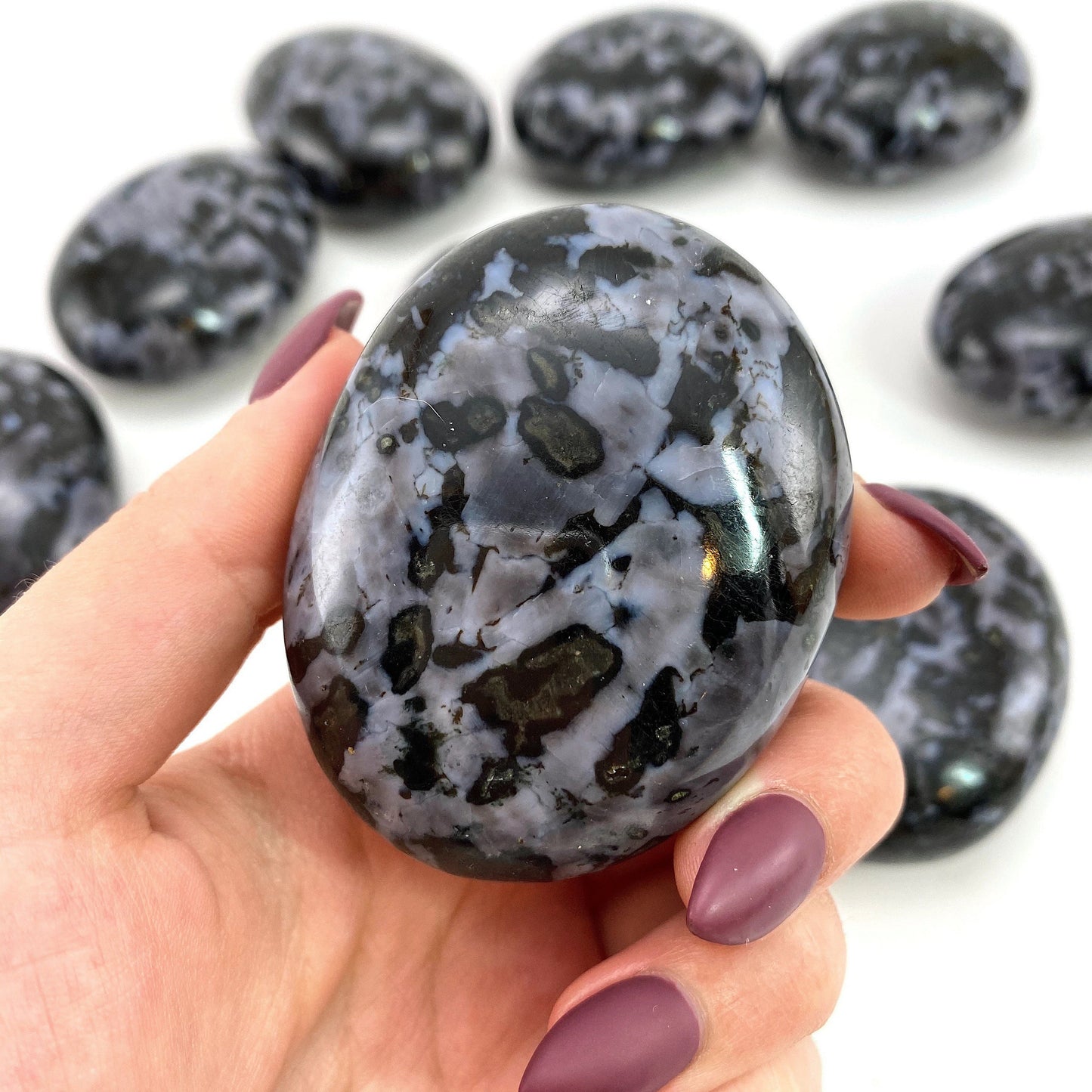 Indigo Gabbro Palm Stone | Polished Merlinite Crystal Worry Stone (Third Eye Chakra)