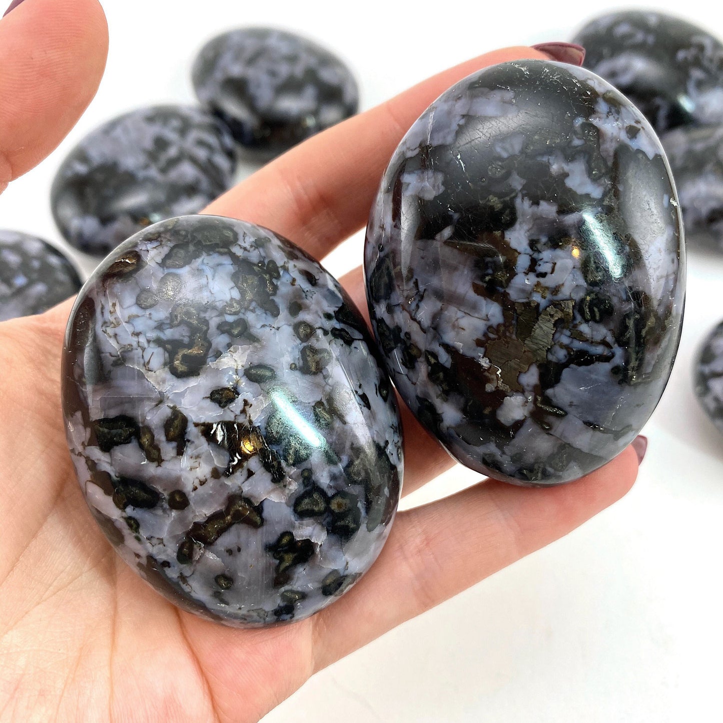 Indigo Gabbro Palm Stone | Polished Merlinite Crystal Worry Stone (Third Eye Chakra)