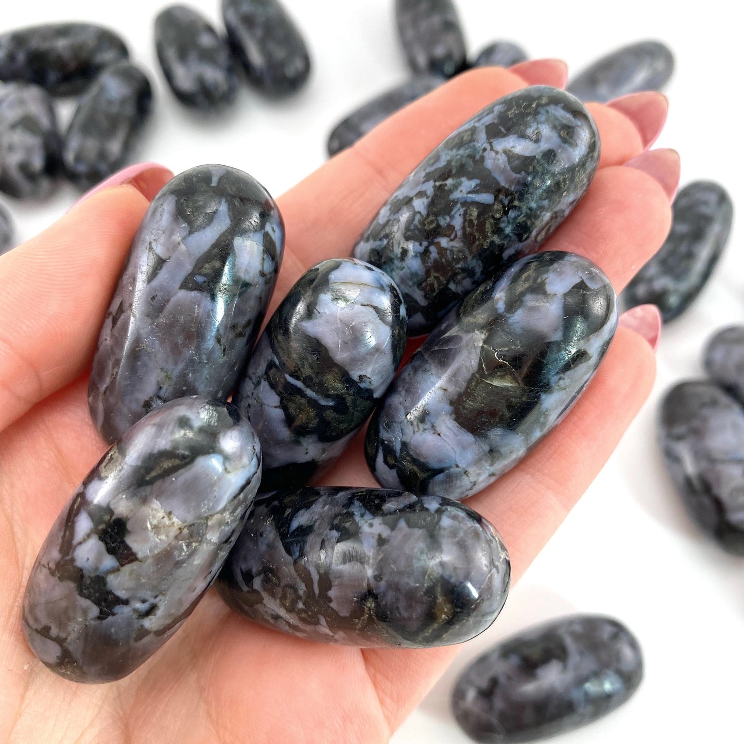 ONE Polished Gabbro Stone, natural gabbro, tumbled merlinite, gabbro tumble, merlinite palm stone