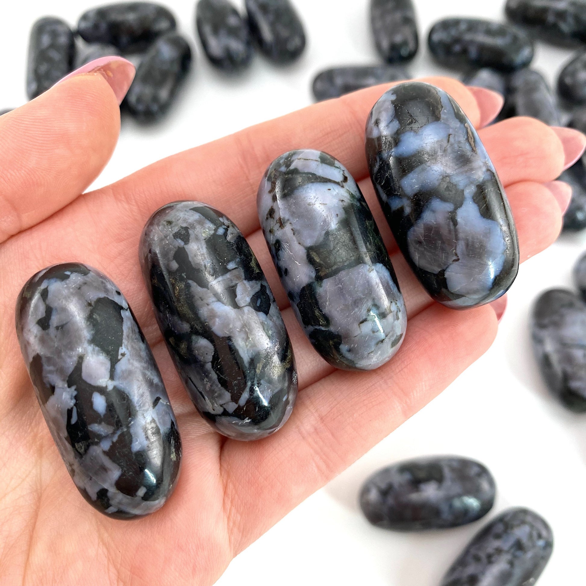 ONE Polished Gabbro Stone, natural gabbro, tumbled merlinite, gabbro tumble, merlinite palm stone