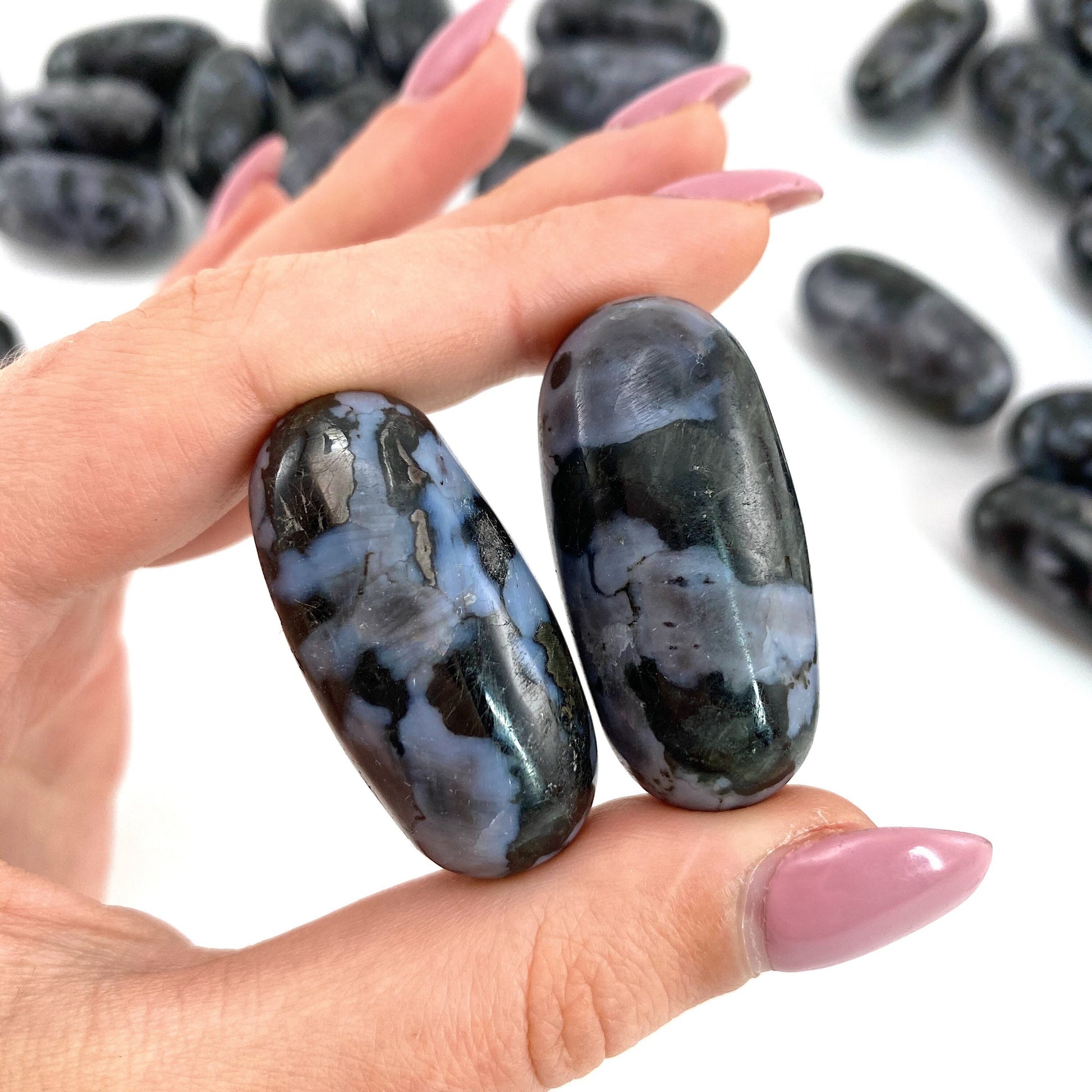 ONE Polished Gabbro Stone, natural gabbro, tumbled merlinite, gabbro tumble, merlinite palm stone