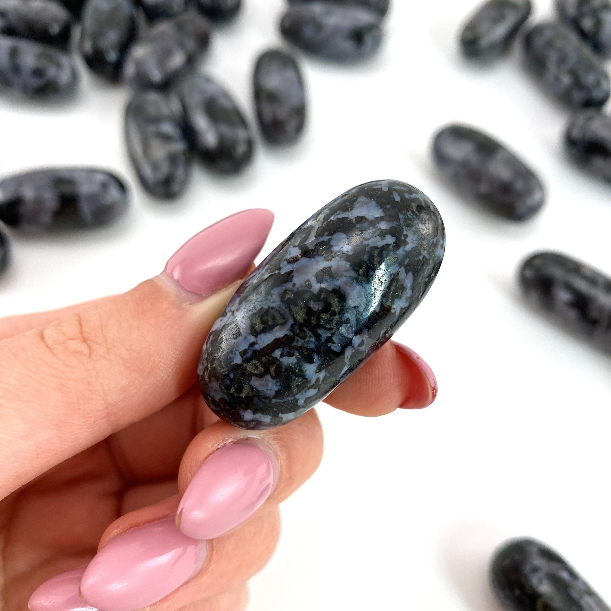 ONE Polished Gabbro Stone, natural gabbro, tumbled merlinite, gabbro tumble, merlinite palm stone