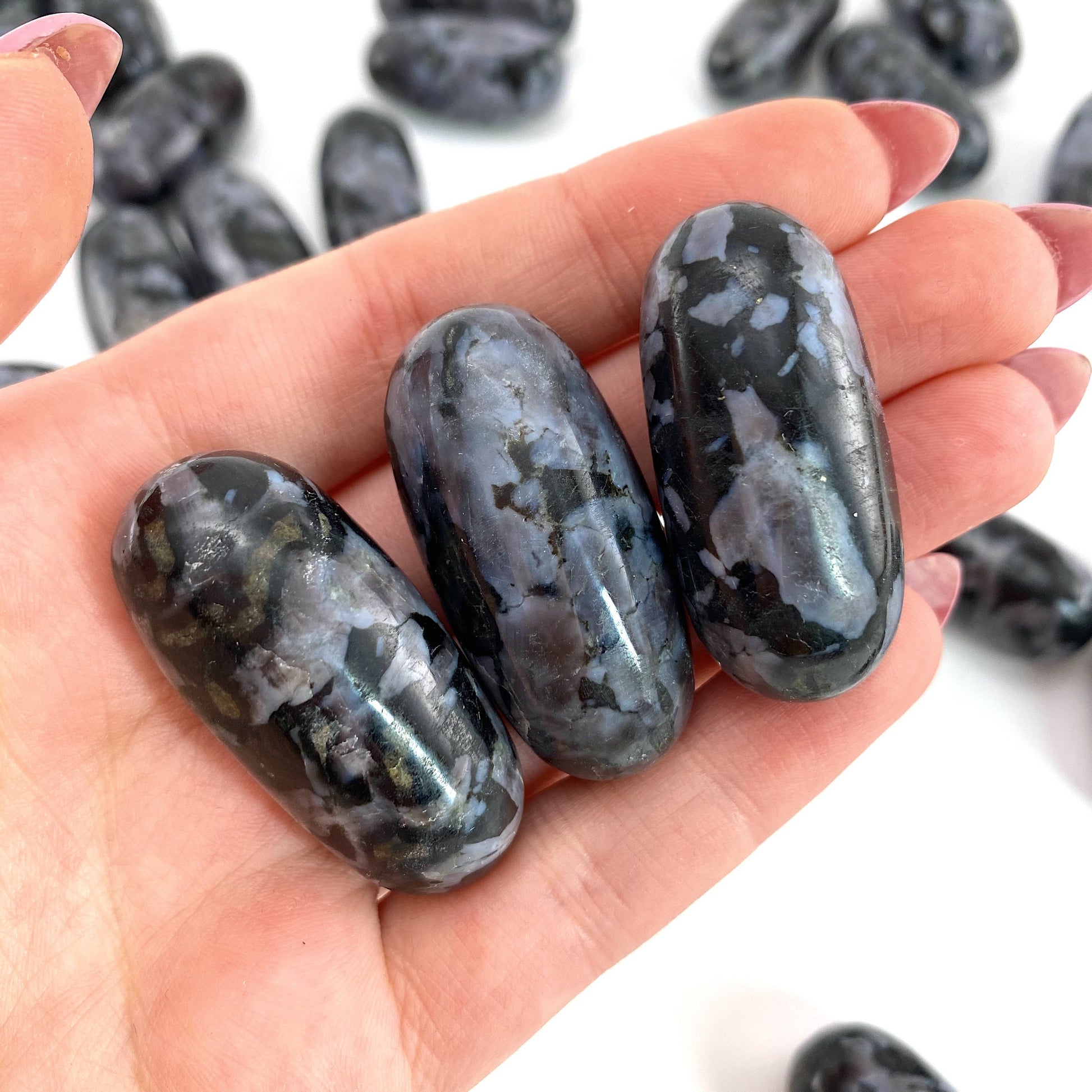 ONE Polished Gabbro Stone, natural gabbro, tumbled merlinite, gabbro tumble, merlinite palm stone