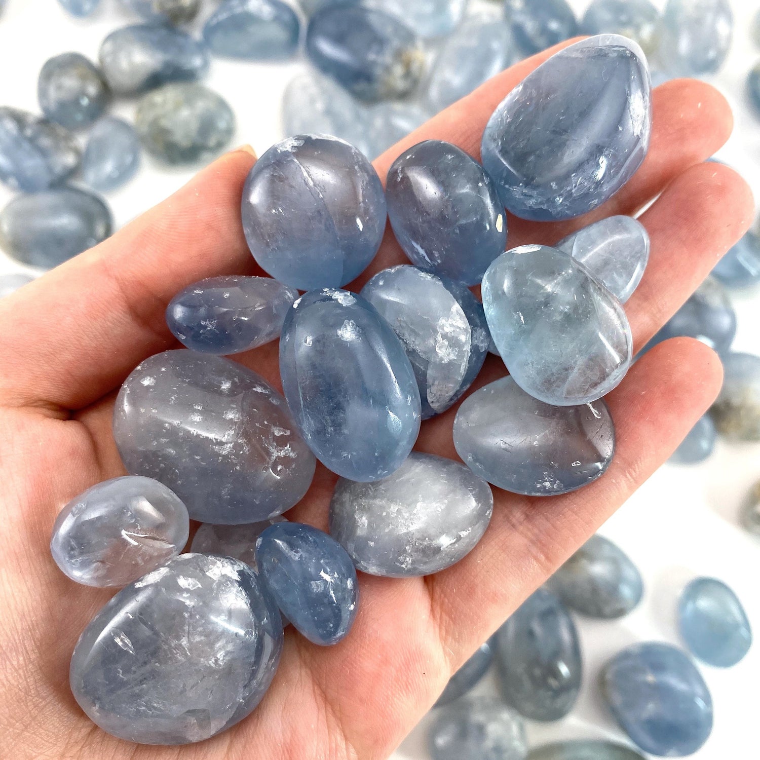 Tumbled Celestite Crystal, tumbled celestite, blue celestite, celestite palm stone