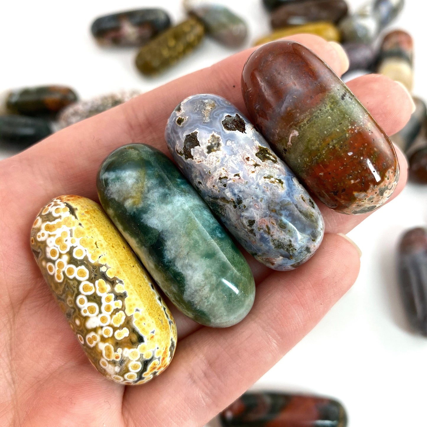ONE Polished Ocean Jasper, orbicular jasper, tumbled ocean jasper, ocean jasper palm stone