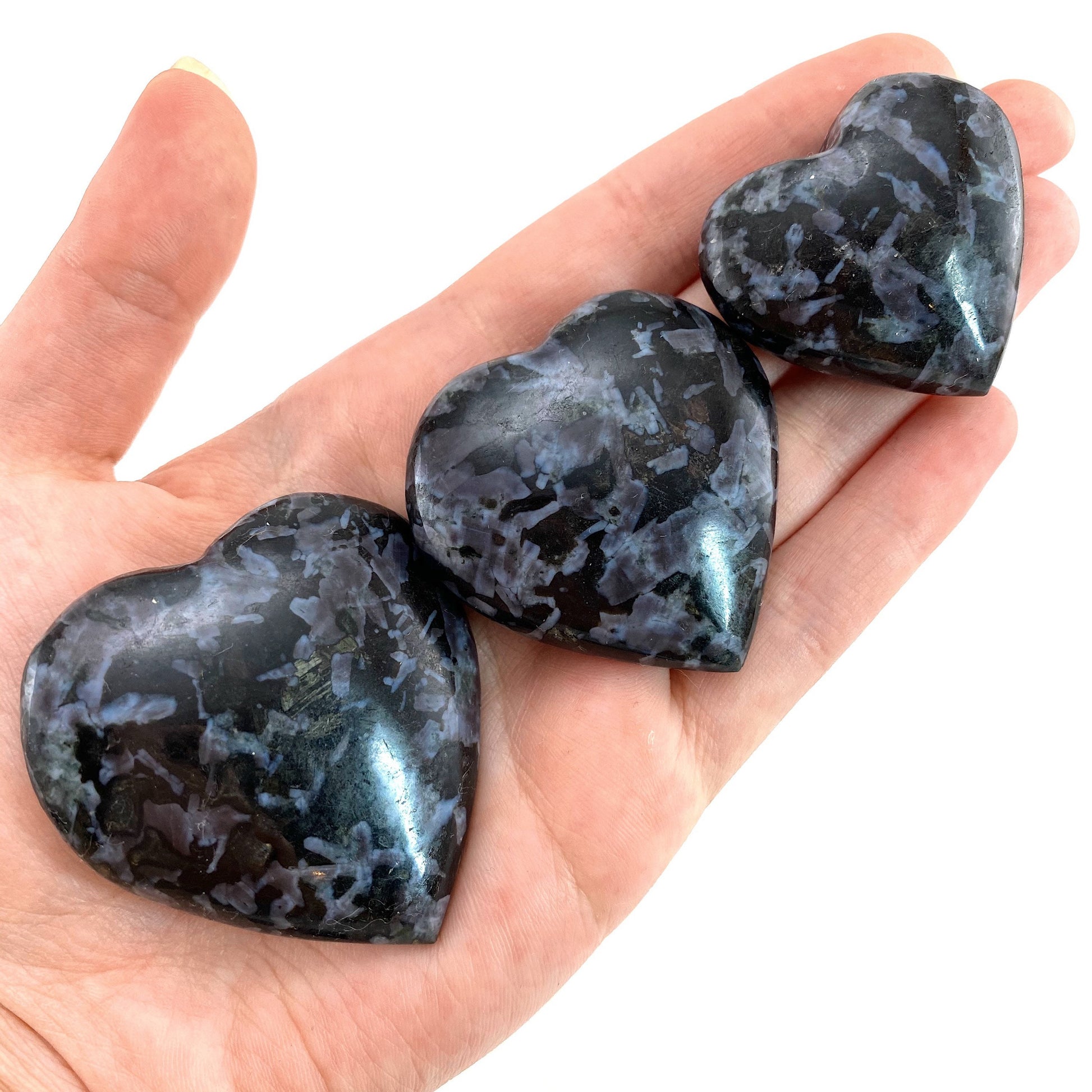Indigo Gabbro Heart, merlinite heart, Gabbro Palm stone, Merlinite palm stone, Indigo Gabbro, crystal heart