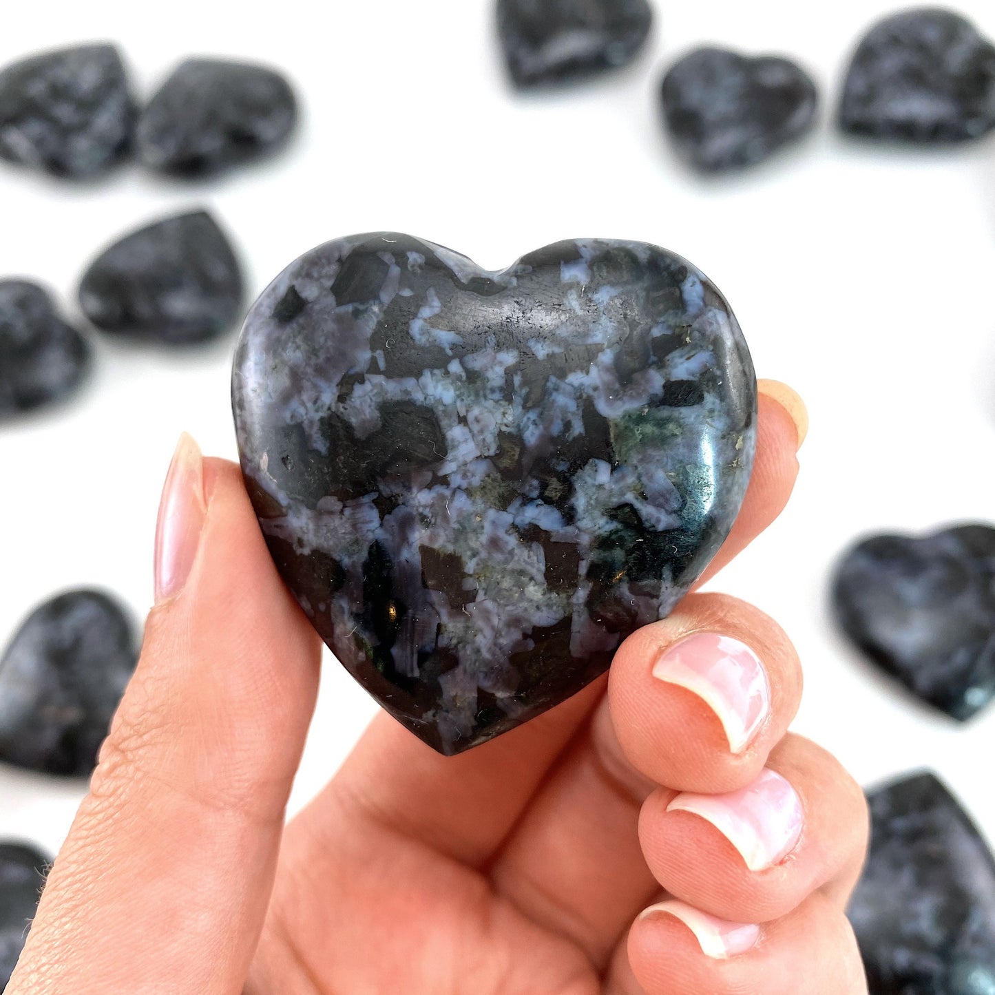 Indigo Gabbro Heart, merlinite heart, Gabbro Palm stone, Merlinite palm stone, Indigo Gabbro, crystal heart