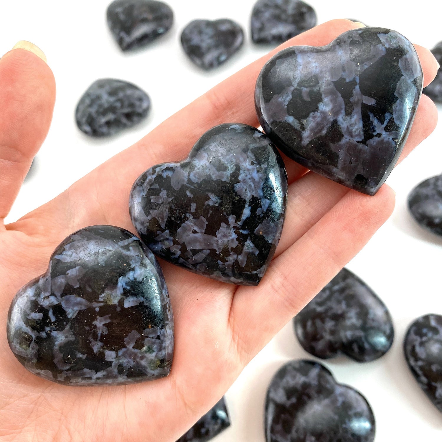 Indigo Gabbro Heart, merlinite heart, Gabbro Palm stone, Merlinite palm stone, Indigo Gabbro, crystal heart