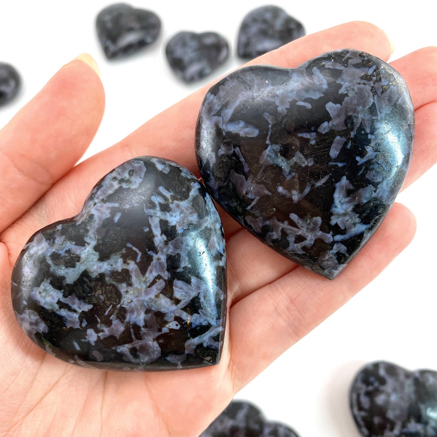 Indigo Gabbro Heart, merlinite heart, Gabbro Palm stone, Merlinite palm stone, Indigo Gabbro, crystal heart