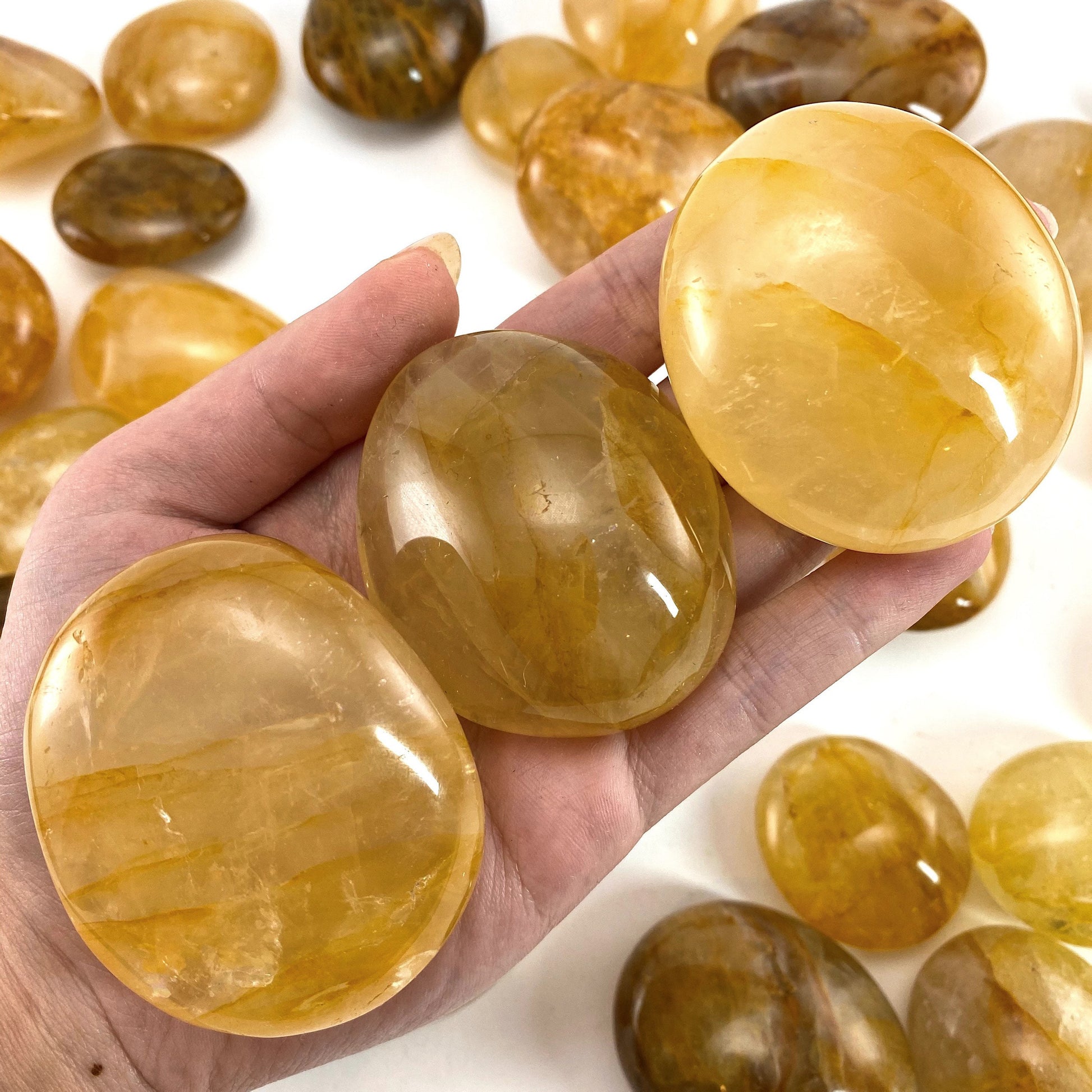 Golden Healer Quartz Palm Stone, golden healer quartz, yellow hematoid quartz palm stone, crystal palm stone, chakra palm stone