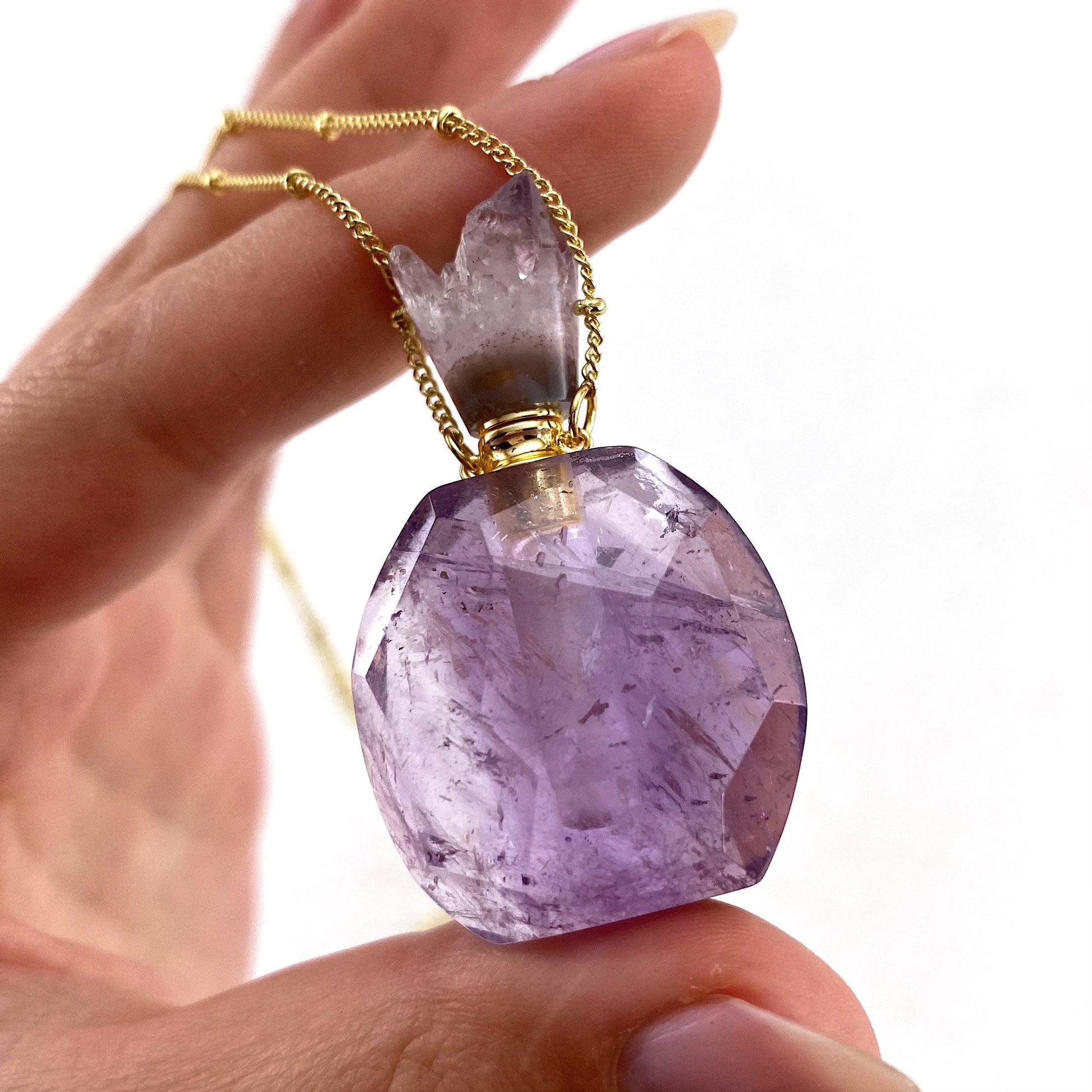 Amethyst Bottle Necklace, crystal bottle necklace, essential oil bottle pendant, gemstone perfume necklace