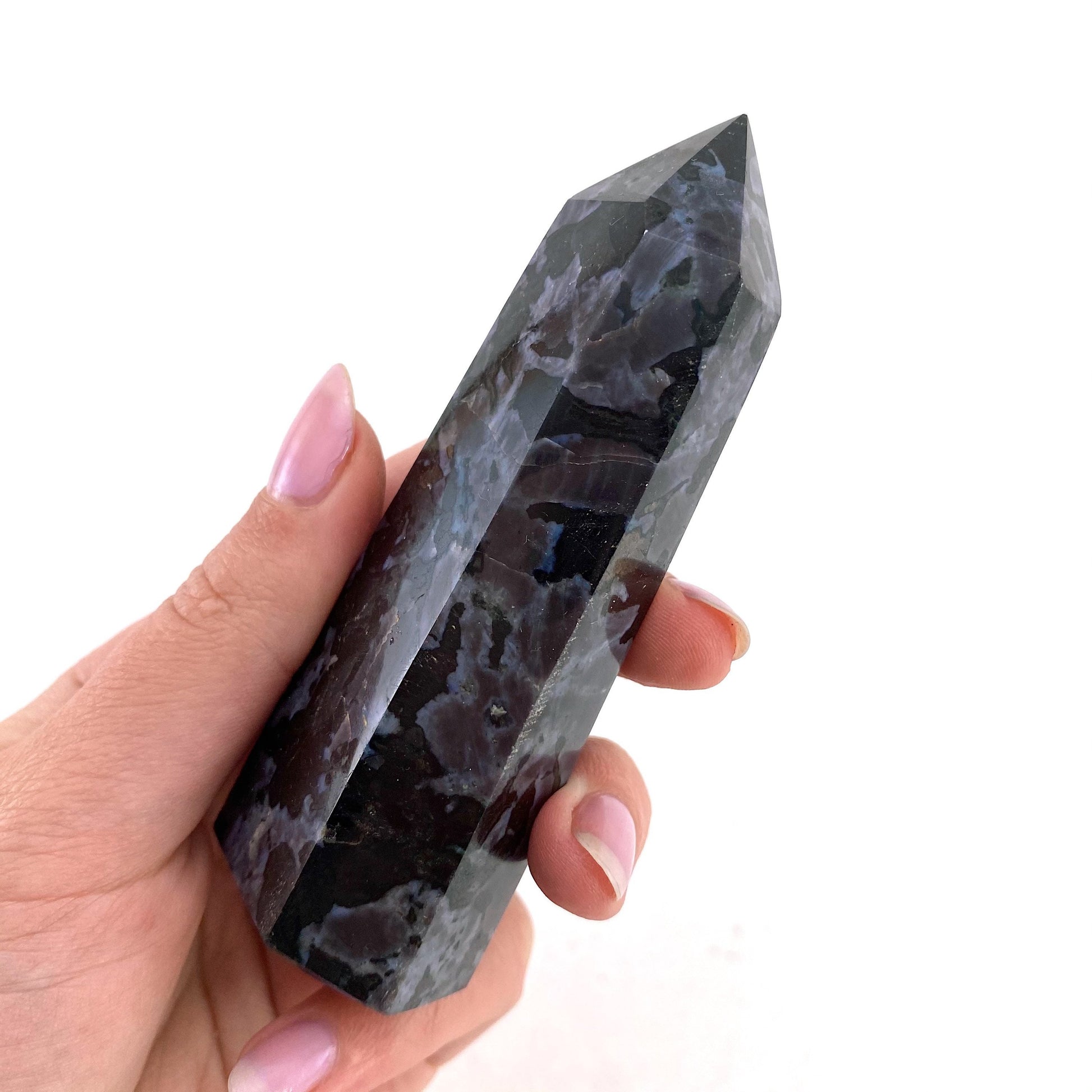 Indigo Gabbro Point, merlinite point, Gabbro Palm stone, Merlinite tower, Indigo Gabbro, crystal point