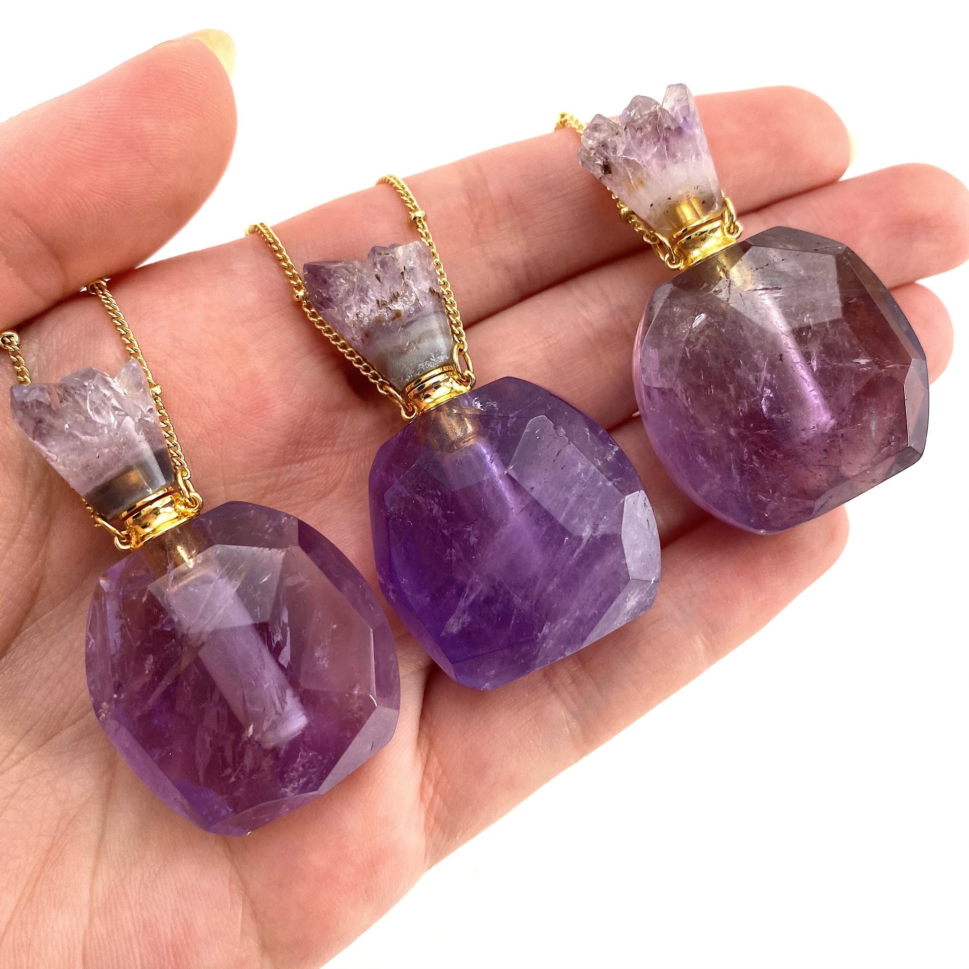 Amethyst Bottle Necklace, crystal bottle necklace, essential oil bottle pendant, gemstone perfume necklace