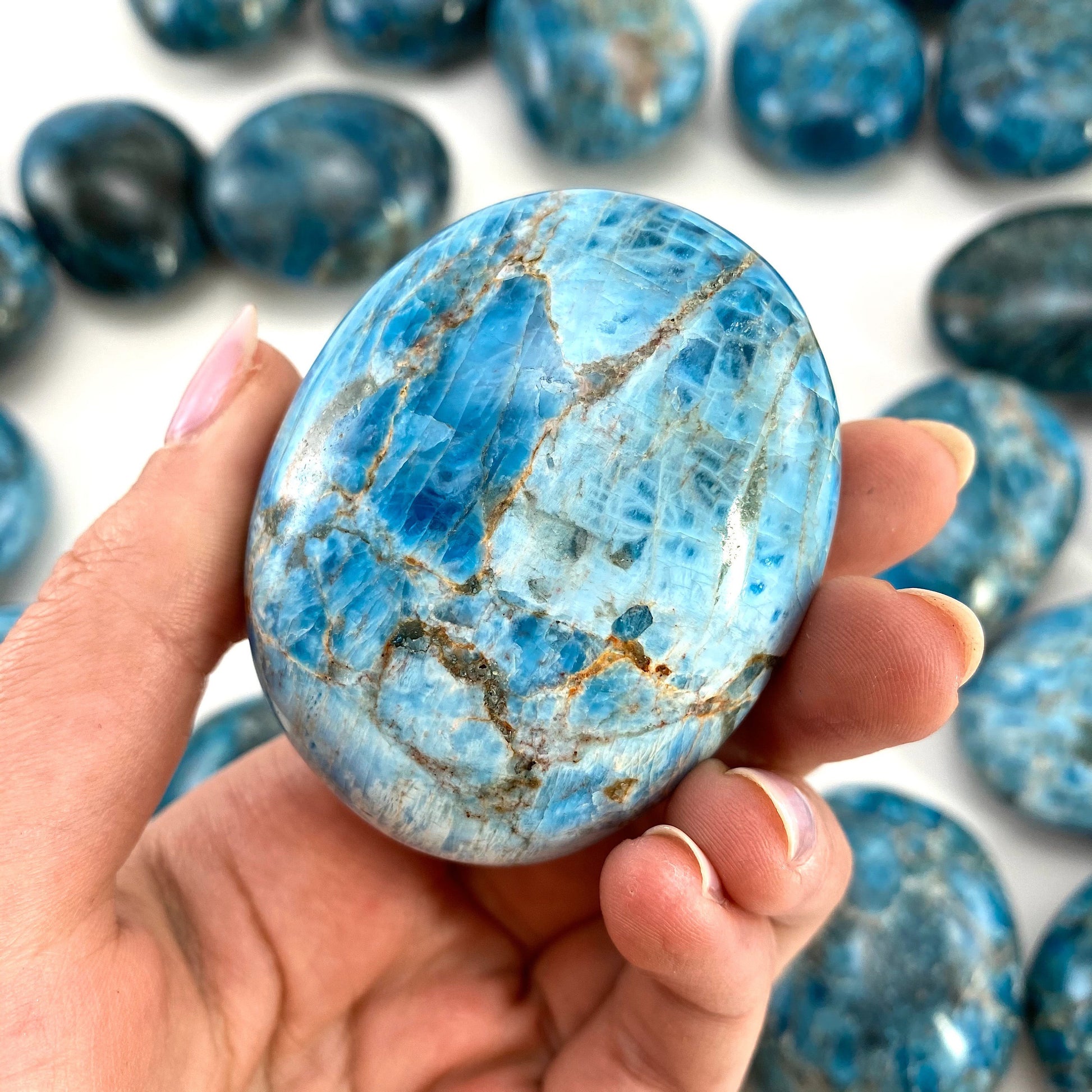 Blue apatite palmstone, blue apatite palm stone, blue apatite, polished blue apatite, chakra palm stone