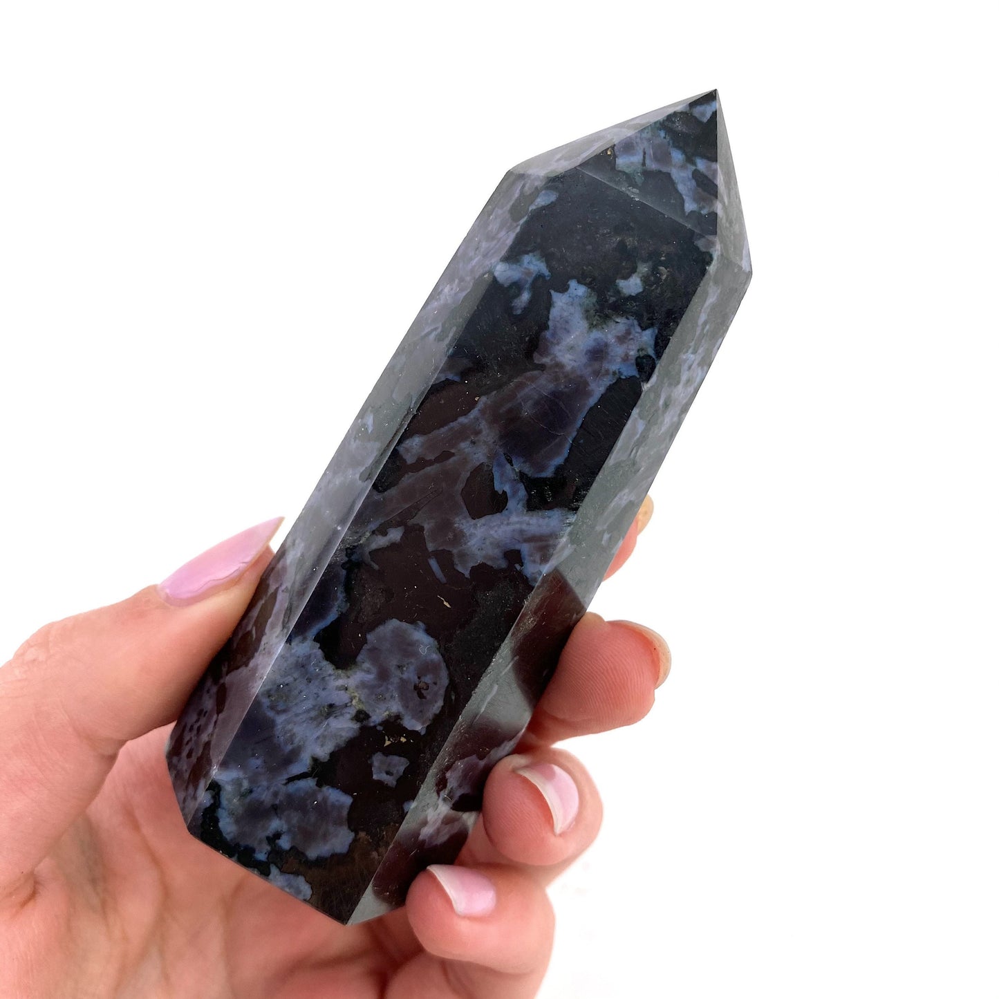 Indigo Gabbro Point, merlinite point, Gabbro Palm stone, Merlinite tower, Indigo Gabbro, crystal point