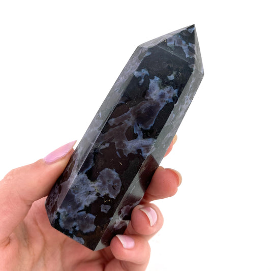 Indigo Gabbro Point, merlinite point, Gabbro Palm stone, Merlinite tower, Indigo Gabbro, crystal point