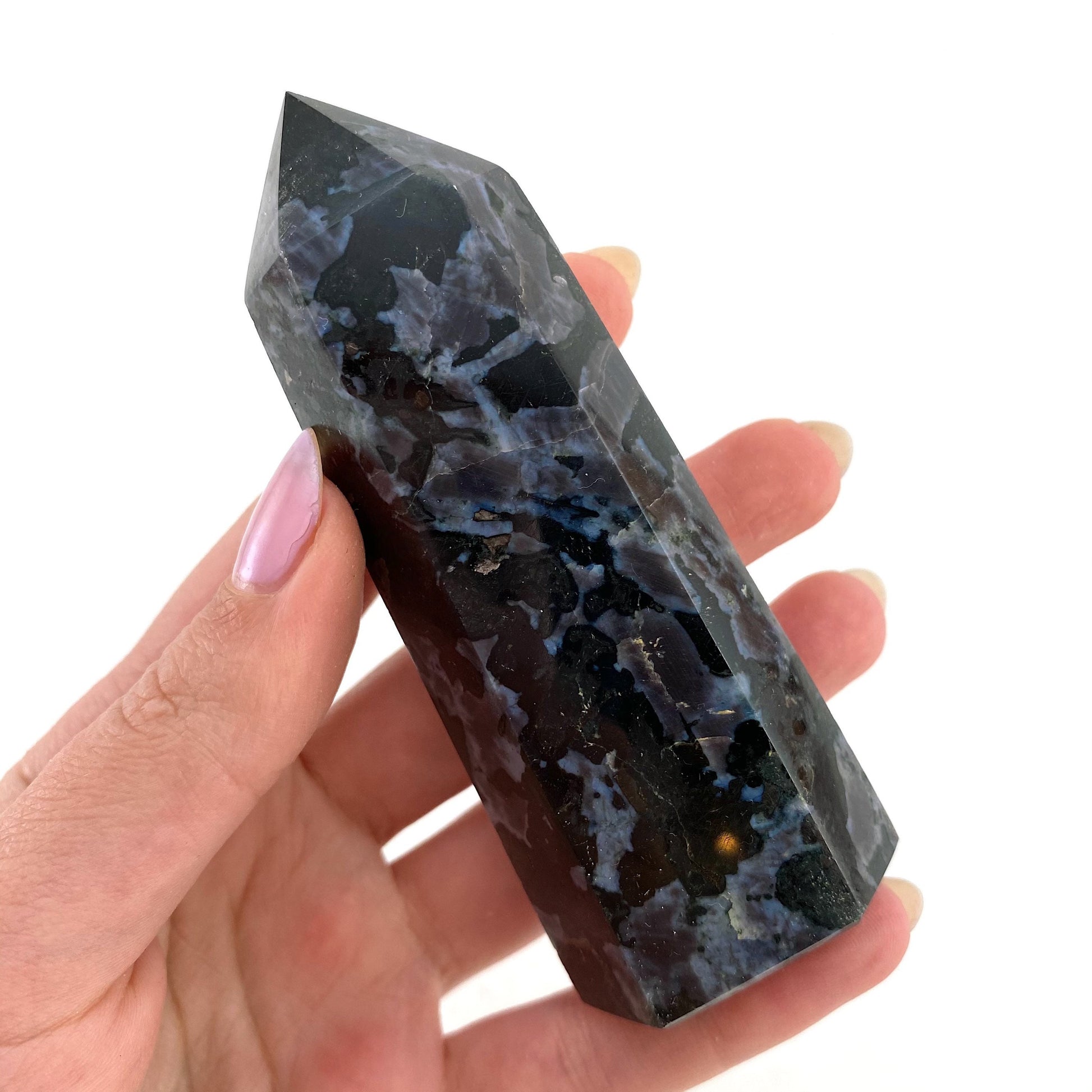 Indigo Gabbro Point, merlinite point, Gabbro Palm stone, Merlinite tower, Indigo Gabbro, crystal point
