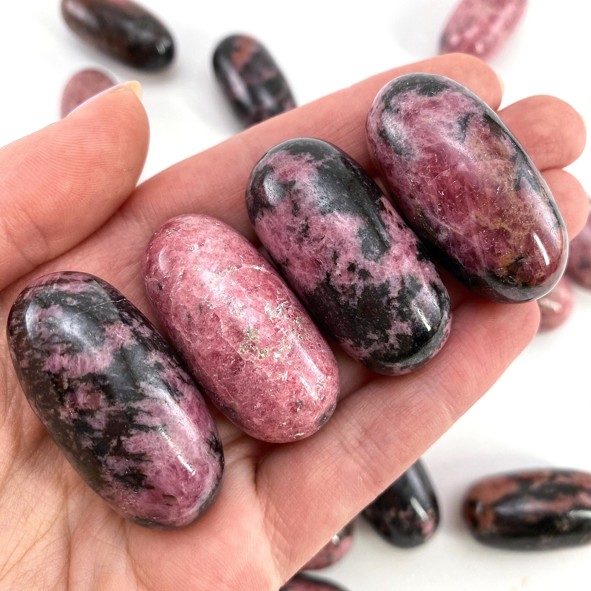 ONE Polished Rhodonite, pink rhodonite, tumbled rhodonite, rhodonite palm stone