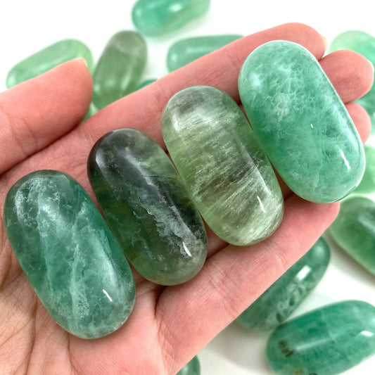 ONE Polished Green Fluorite, natural green fluorite, tumbled fluorite, green fluorite tumble, fluorite palm stone