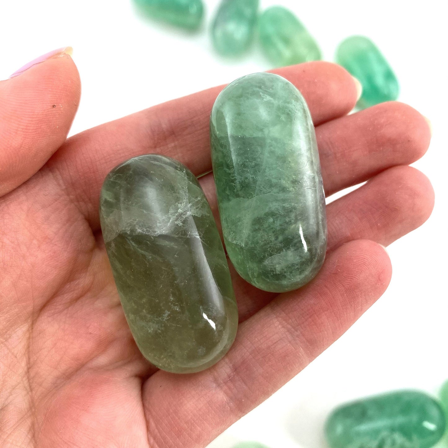 ONE Polished Green Fluorite, natural green fluorite, tumbled fluorite, green fluorite tumble, fluorite palm stone