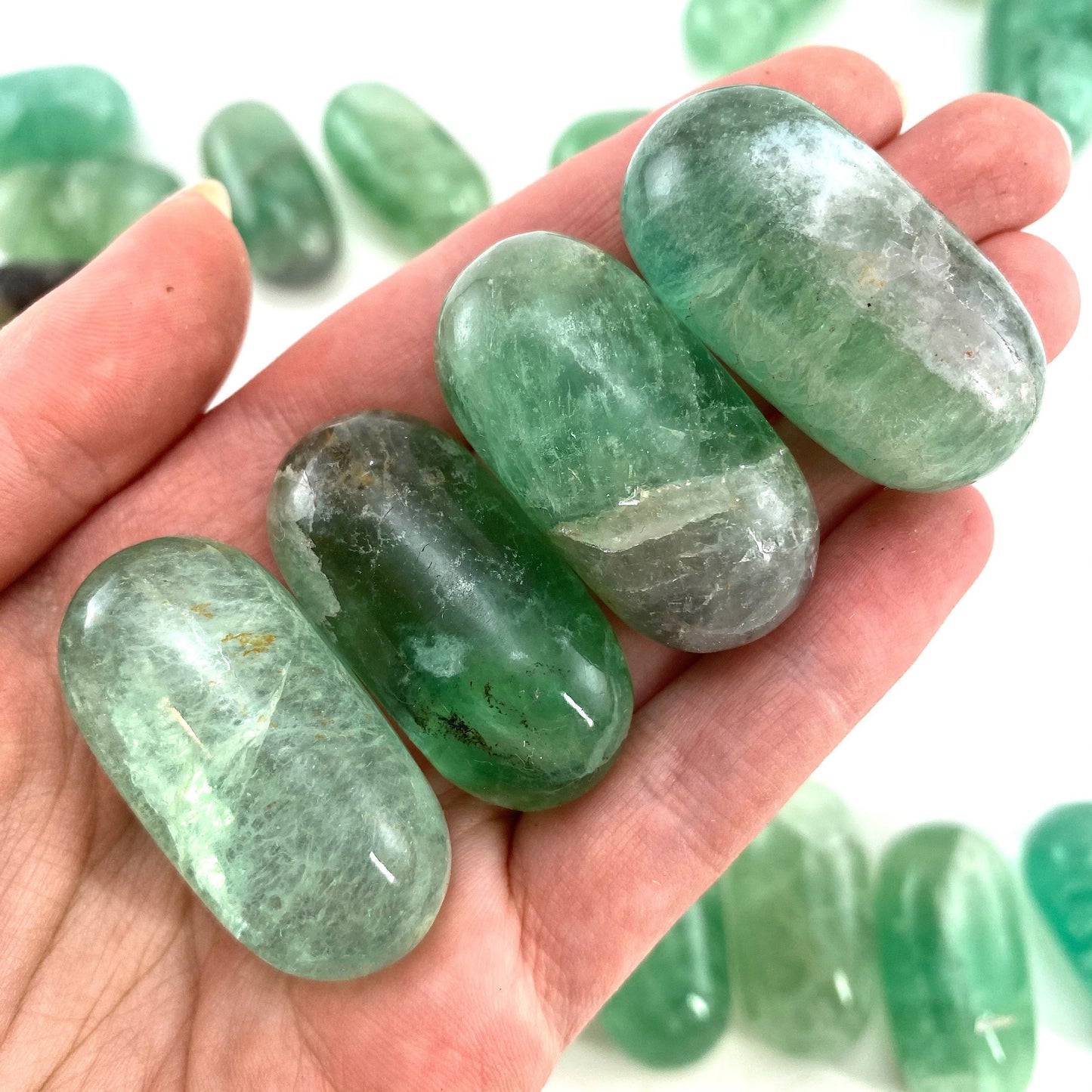 ONE Polished Green Fluorite, natural green fluorite, tumbled fluorite, green fluorite tumble, fluorite palm stone
