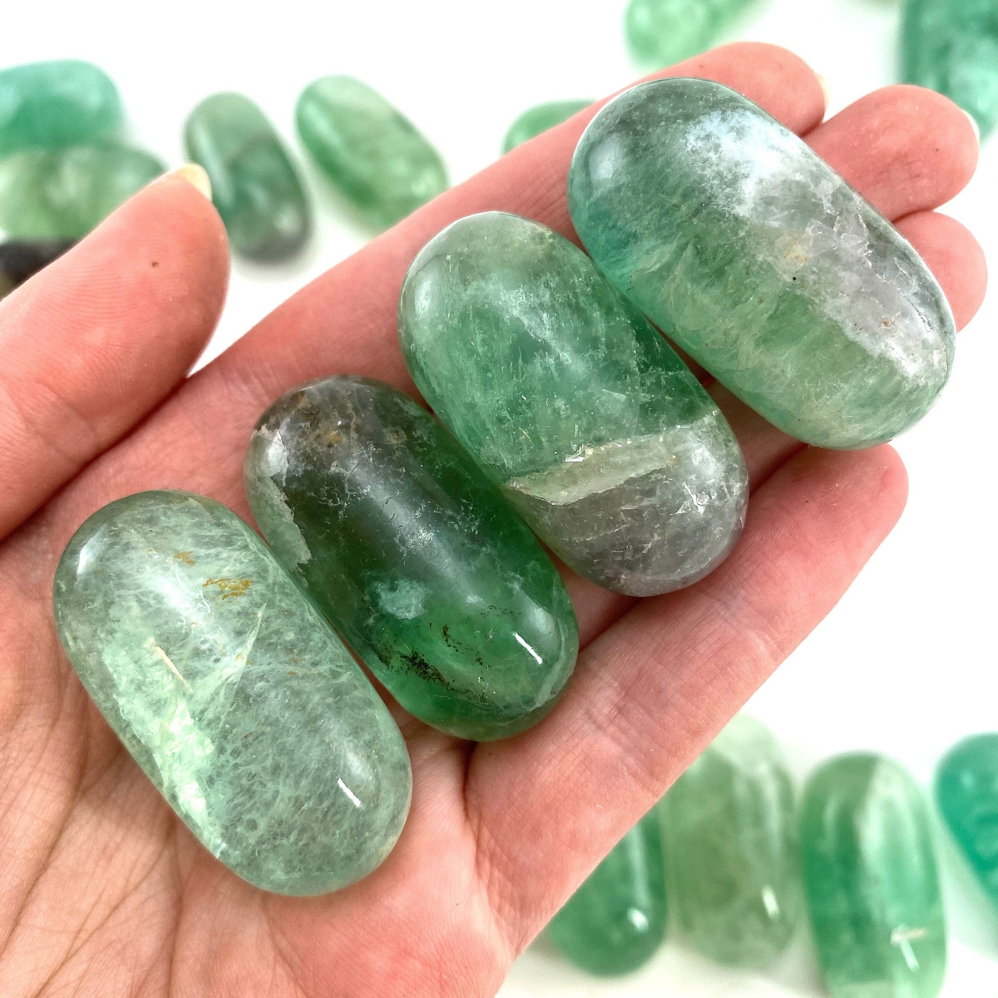 ONE Polished Green Fluorite, natural green fluorite, tumbled fluorite, green fluorite tumble, fluorite palm stone