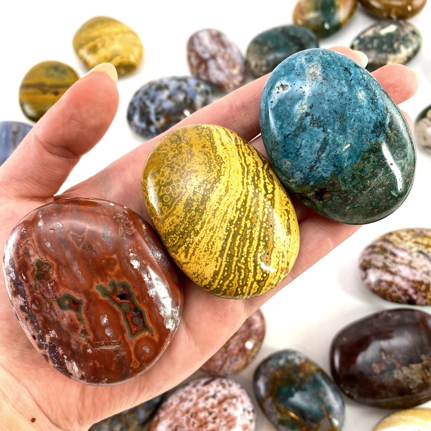 Ocean Jasper Palm stone, ocean jasper, pocket stone, orbicular jasper, palm stone, polished ocean jasper