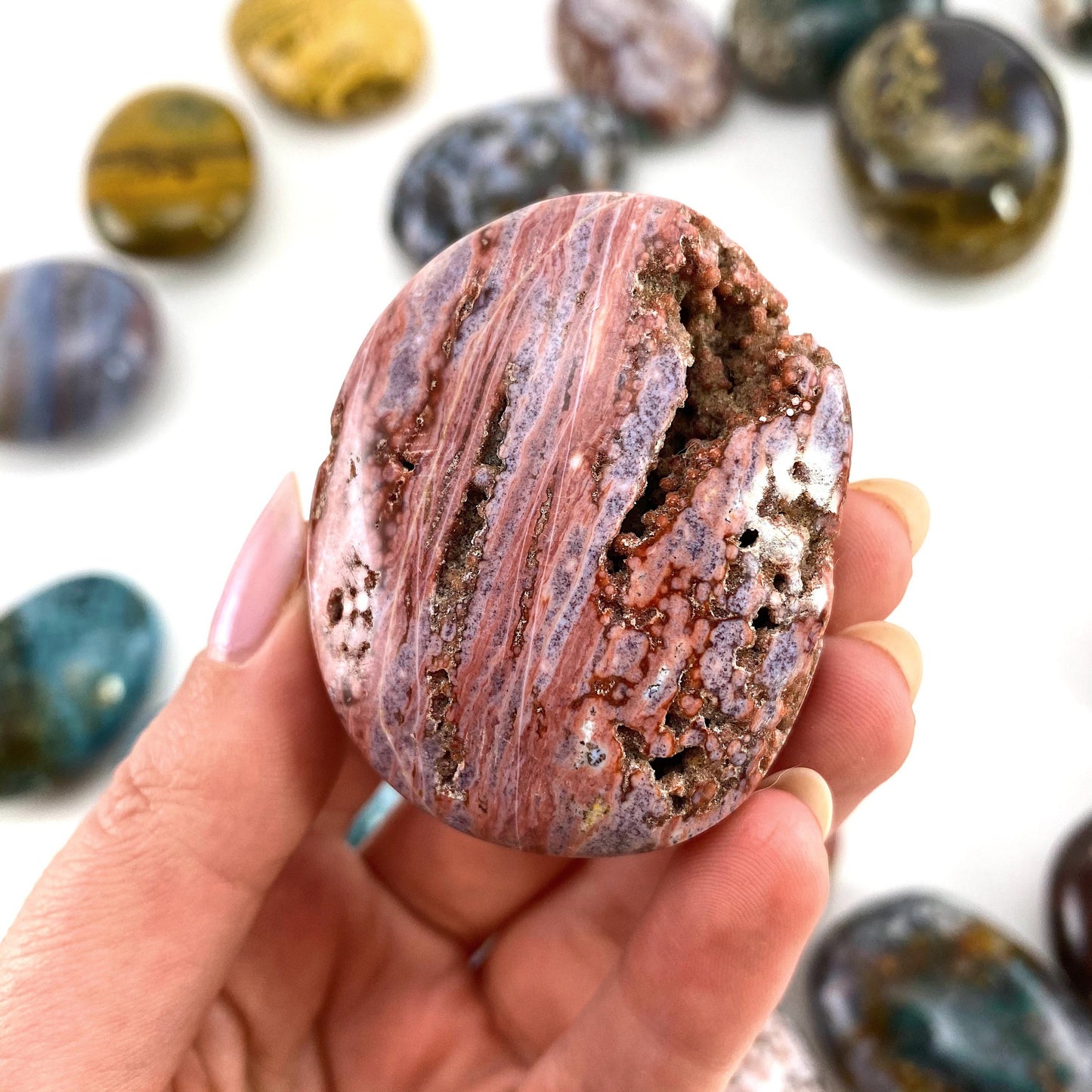 Ocean Jasper Palm stone, ocean jasper, pocket stone, orbicular jasper, palm stone, polished ocean jasper