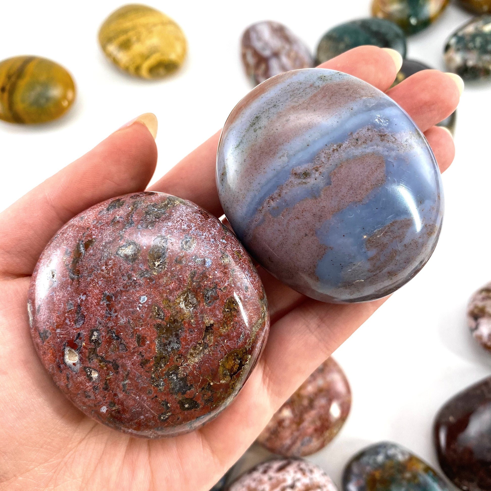Ocean Jasper Palm stone, ocean jasper, pocket stone, orbicular jasper, palm stone, polished ocean jasper