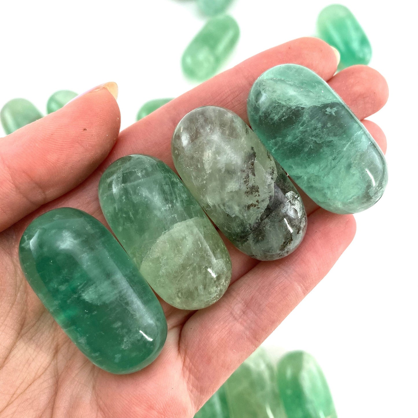 ONE Polished Green Fluorite, natural green fluorite, tumbled fluorite, green fluorite tumble, fluorite palm stone