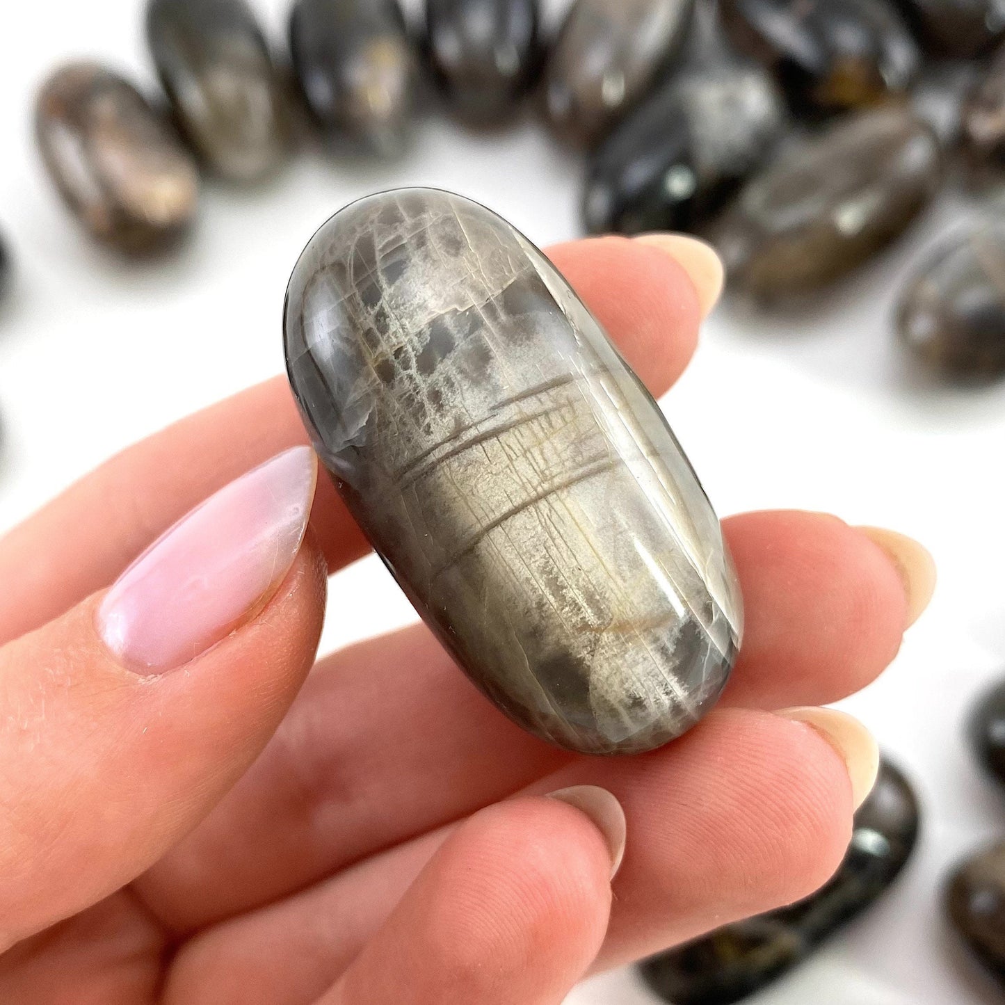 Grey Moonstone Worry Stone | Polished Crystal Lingam (Root Chakra)