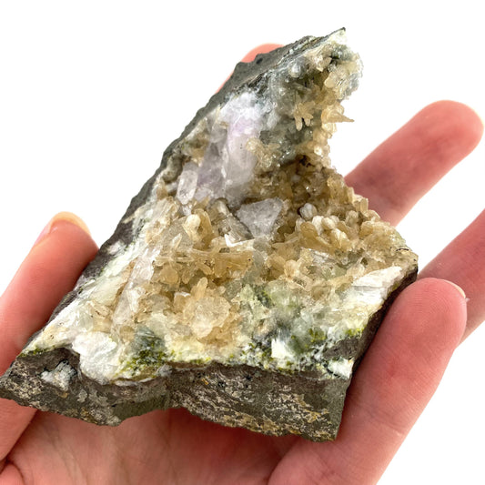 Epidote & Quartz on Calcite Specimen (Namibia), natural epidote, calcite crystal, calcite cluster