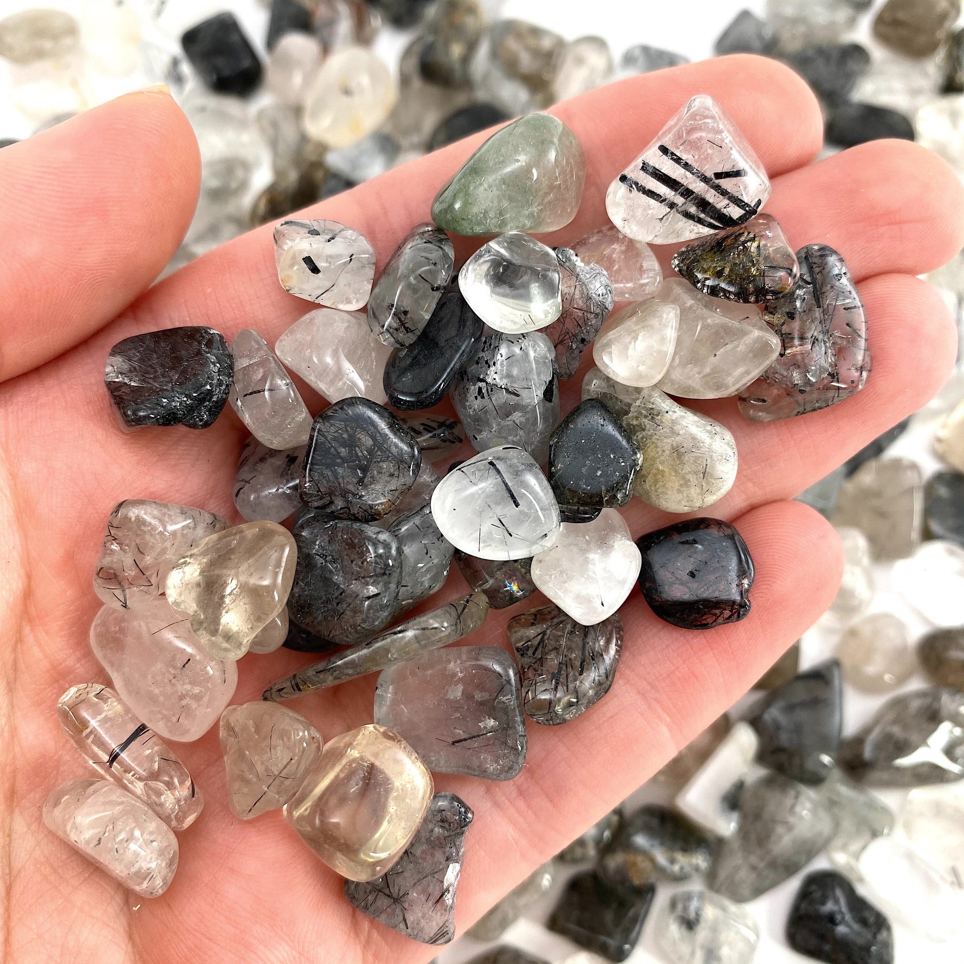 20g of Tourmalinated quartz, mini tumbled stones, tumbled crystal, tumbled tourmaline quartz, black rutilated quartz chips